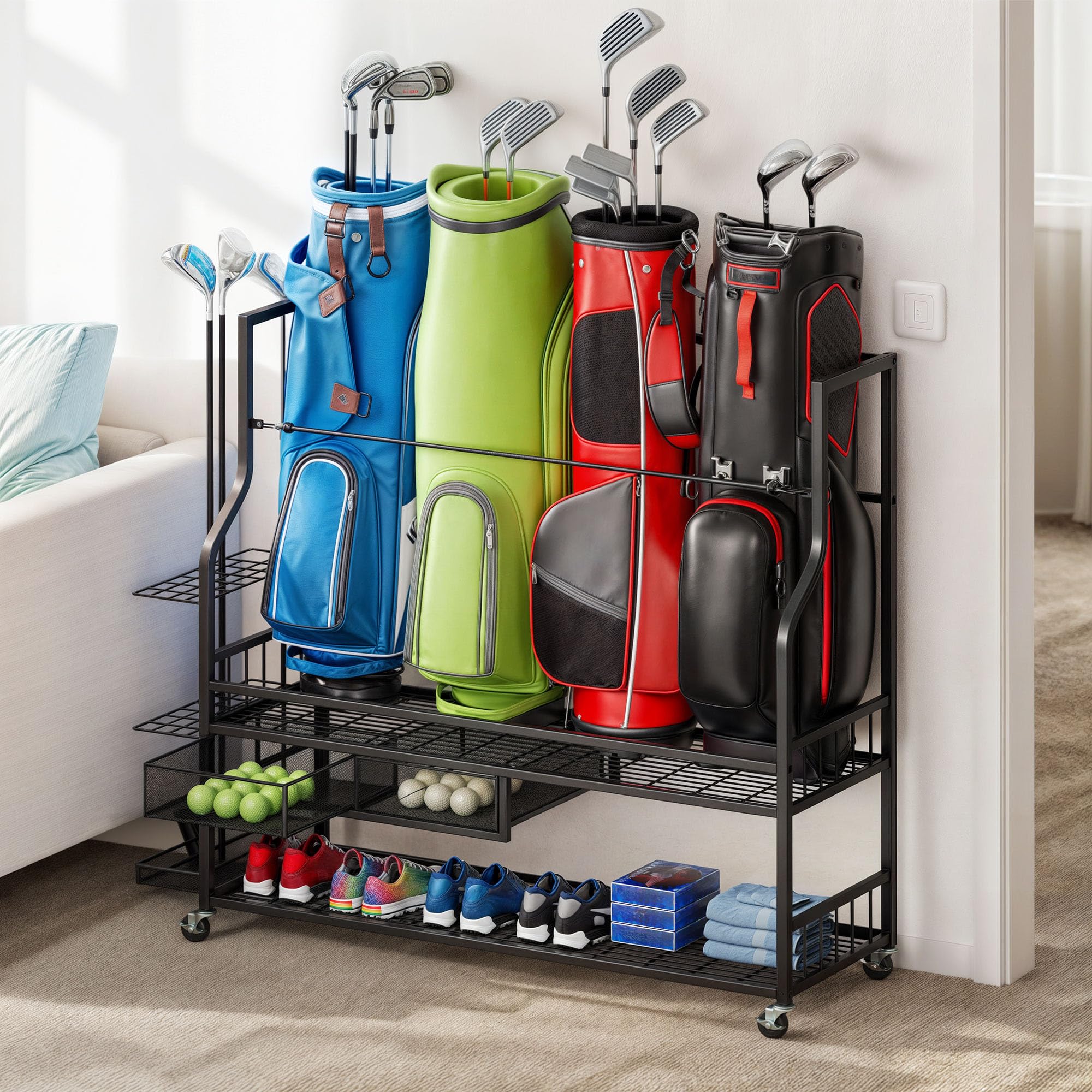 DWVO Golf Bag Organizer with Wheels & Drawer - Golf Storage Rack for Garage, Shed or Home - Holds Golf Bags, Clubs, Balls & Accessories - Perfect for Organizing Golf Equipment in Small Spaces
