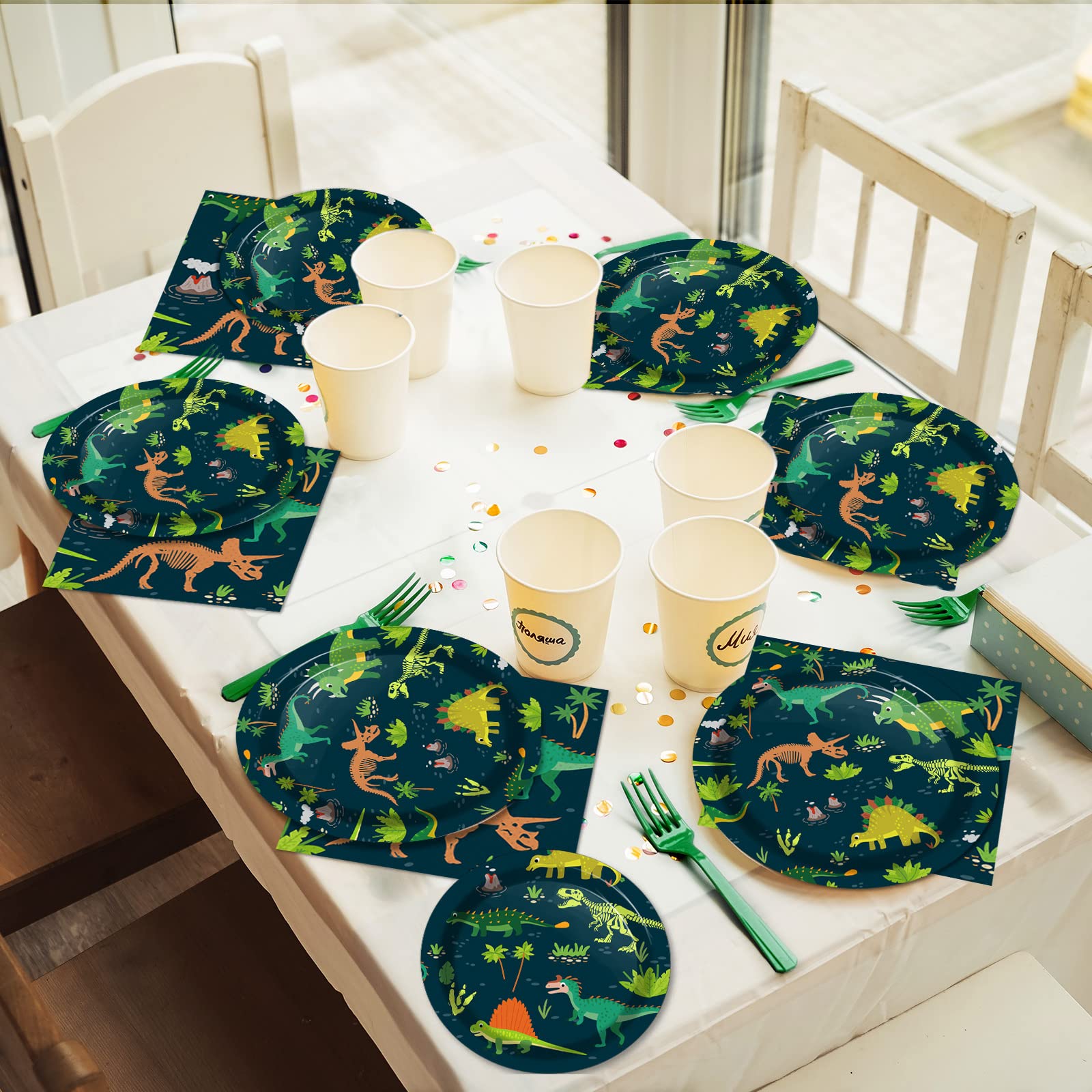 96-Piece Dinosaur Tableware Set - Disposable Dinosaur Plates, Forks & Napkins for Kids Birthday Party - Dino Theme Dinnerware for Boys Shower Decorations - Perfect for Jurassic World Themed Parties & Events (Serves 24 Guests)