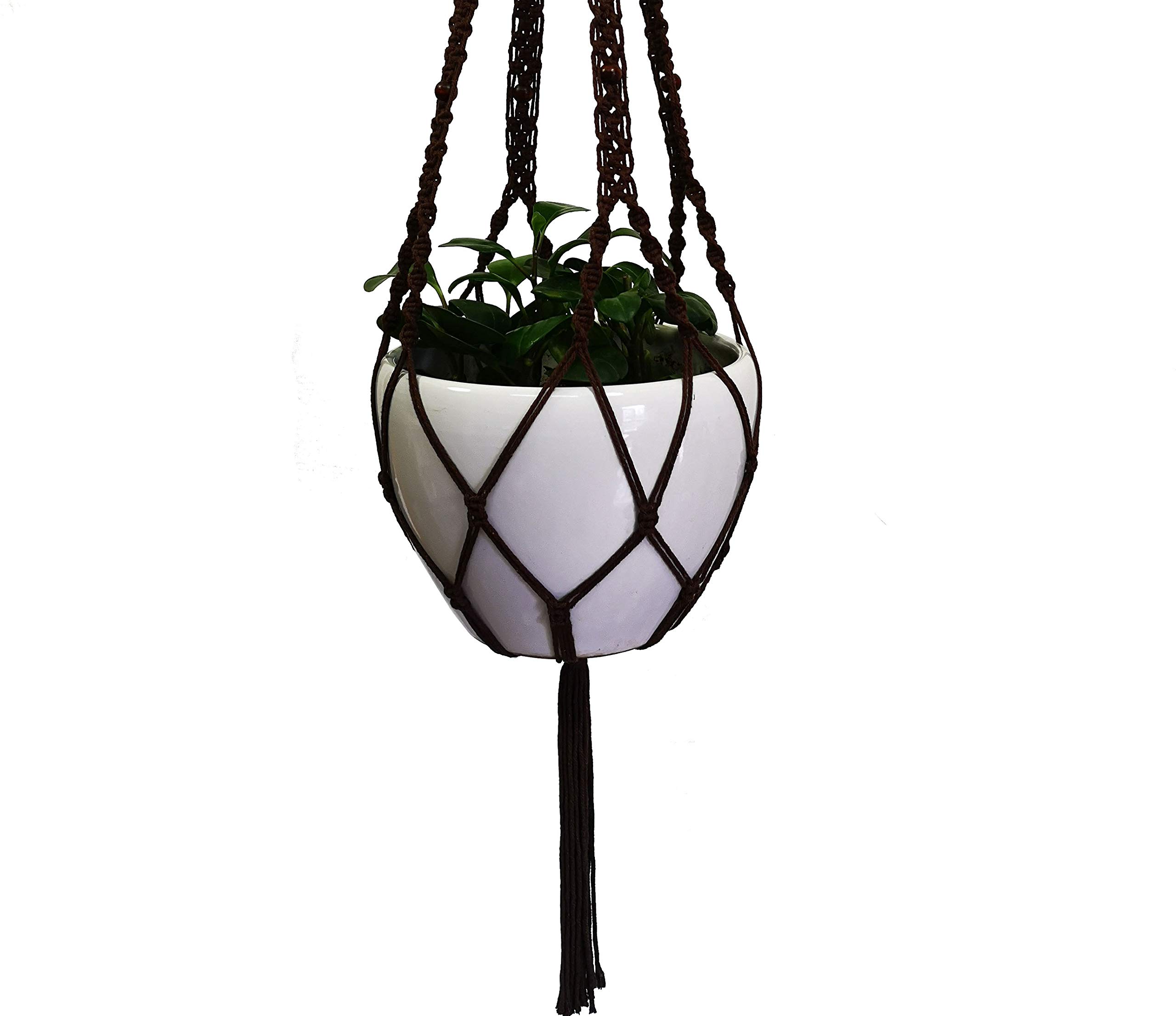 Organic Hemp & Cotton Rope Macrame Plant Hanger - 4-Leg Hanging Planter for 12-13 Inch Pots (59 Inch Length, Dark Brown) - Boho Home Decor, Indoor Plant Display, Living Room & Patio Hanging Garden