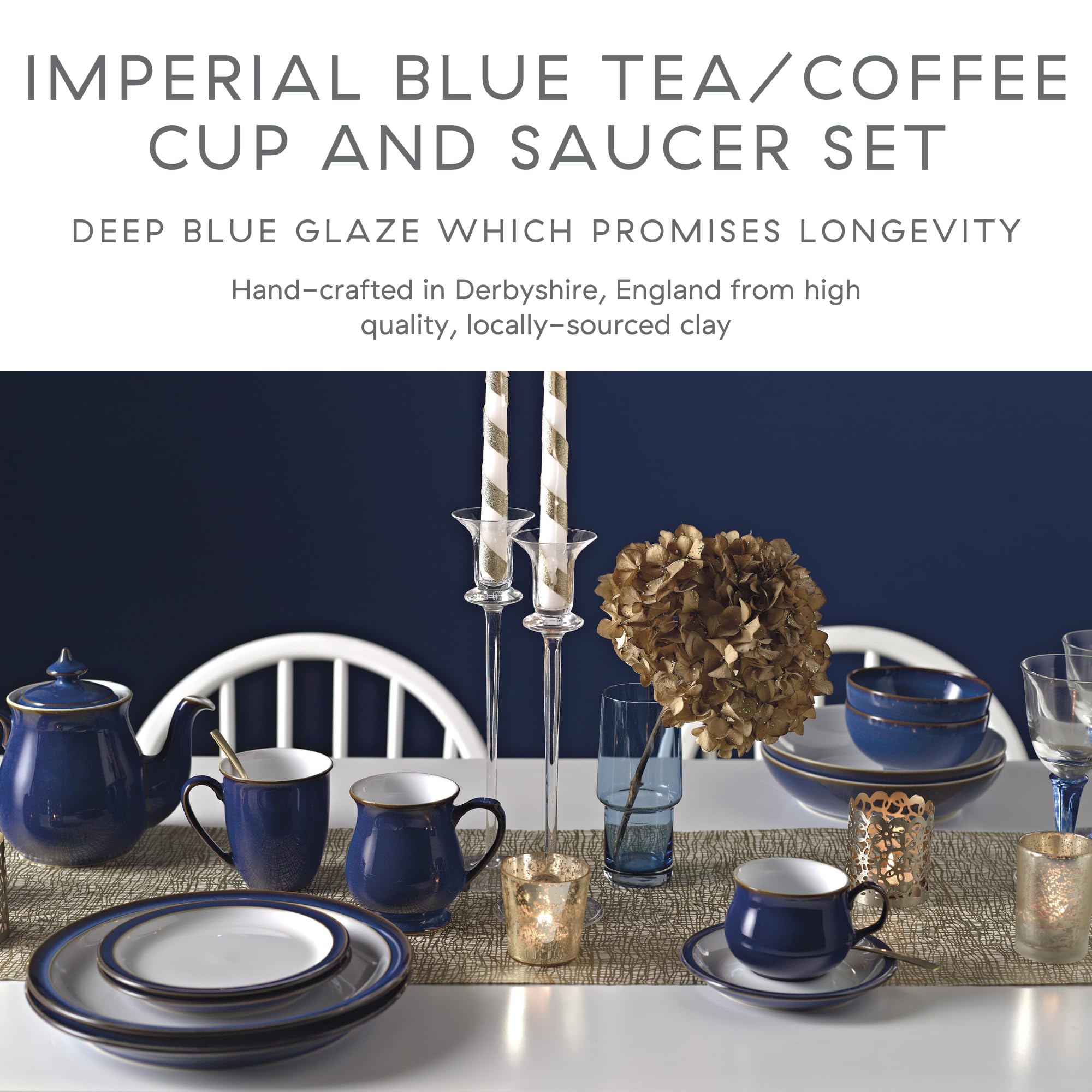 Denby Imperial Blue 4-Piece Tea and Coffee Cup Set with Saucers - Perfect for Afternoon Tea, Breakfast, or Elegant Home Decor