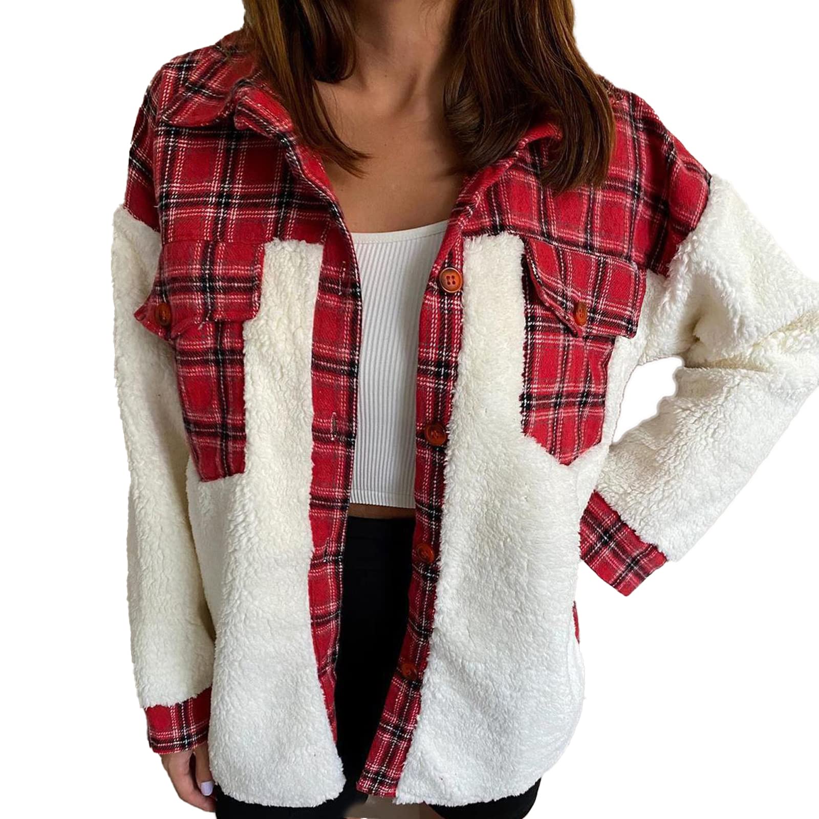 Coriresha Women's Plaid Plush Patchwork Long Sleeve Button Coat | Autumn Winter Fashion Jacket | Warm Cozy Outerwear for Fall, Winter & Holiday Season
