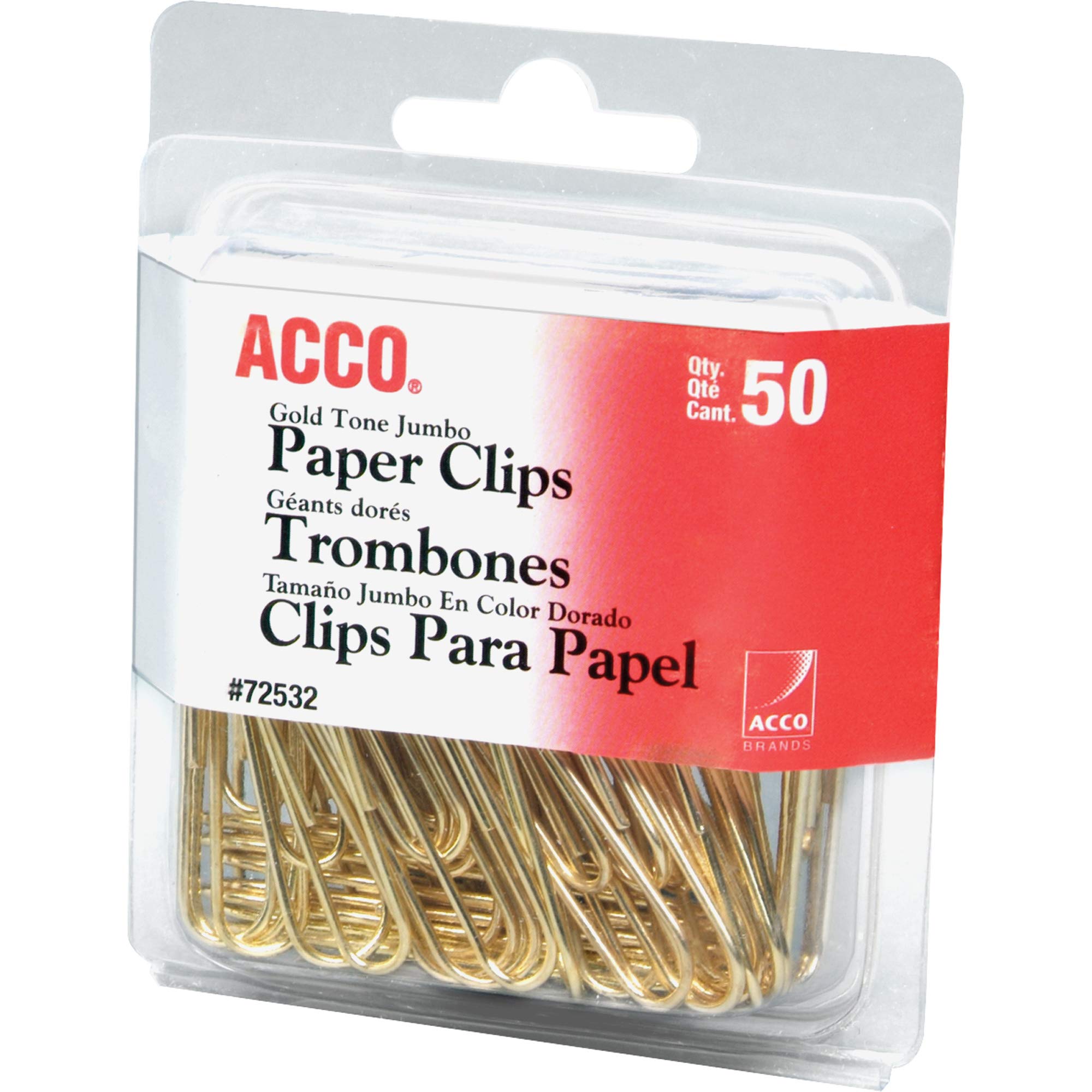 ACCO Jumbo Smooth Gold Paper Clips - 50 Clips per Box (72532) for Office, School & Home Organization