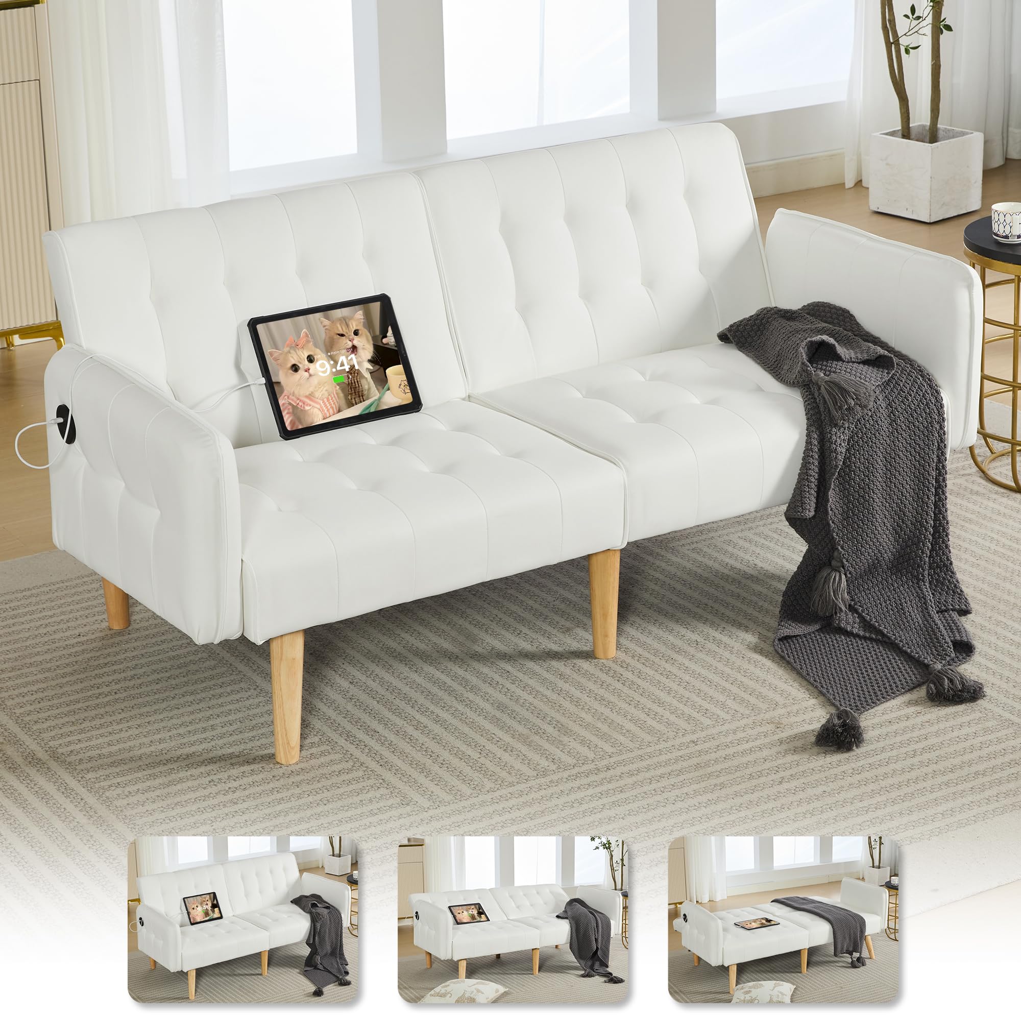 Modern Faux Leather Convertible USB Folding Futon Sofa Bed - 65