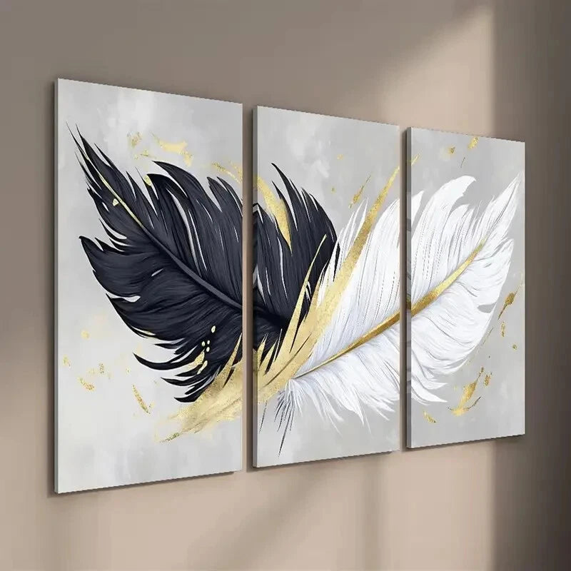 3-Piece Abstract Black White Gold Feather Wall Art Set - Framed Canvas 40x60cm | High Quality Print | 100% Australian Made | Ready to Hang | Perfect for Living Room, Bedroom & Office Decor