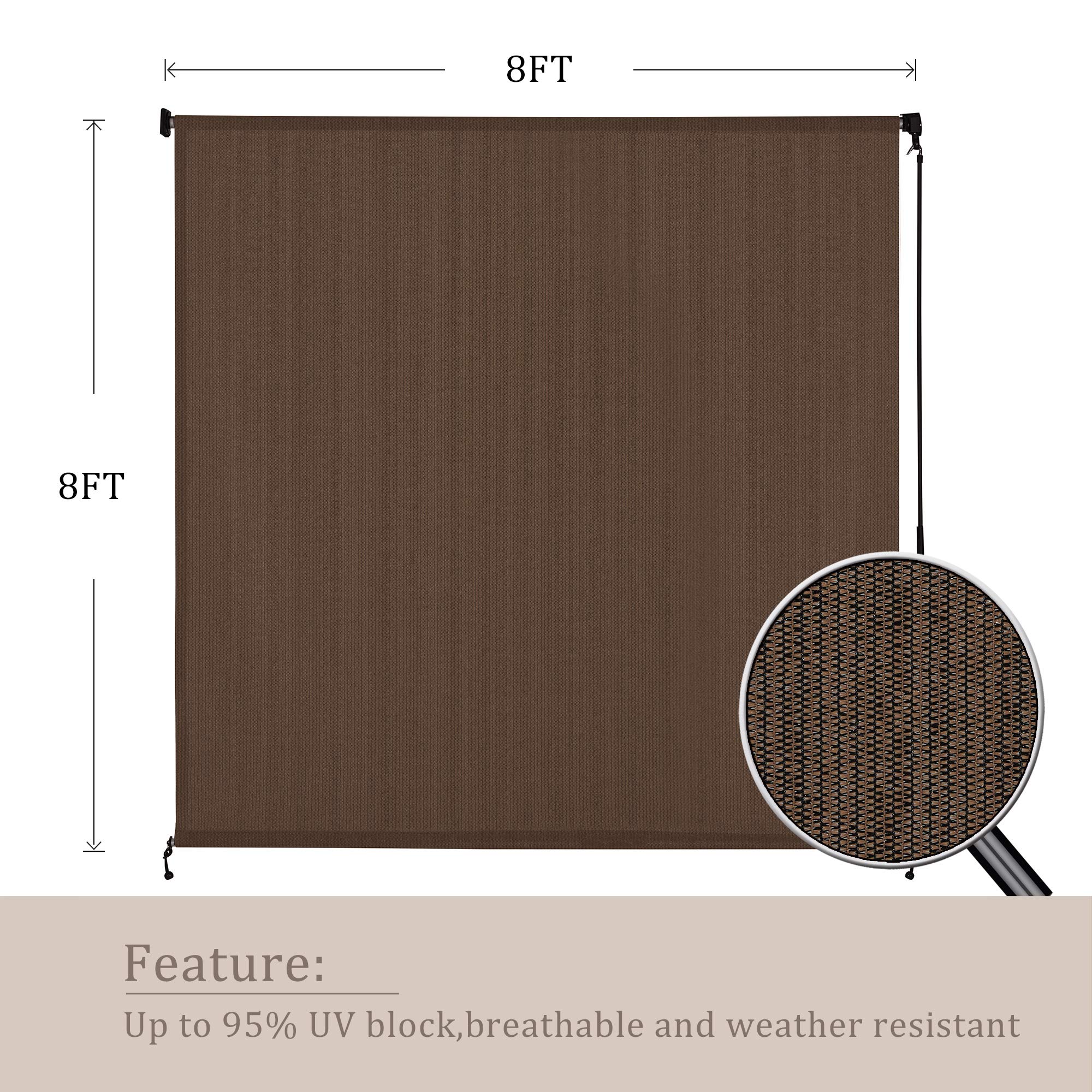 VICLLAX Cordless Outdoor Roller Shade - 8' W x 8' L Mocha Patio Blinds for Sun Protection & Privacy | Perfect for Patio, Deck, Pergola, and Balcony Covering