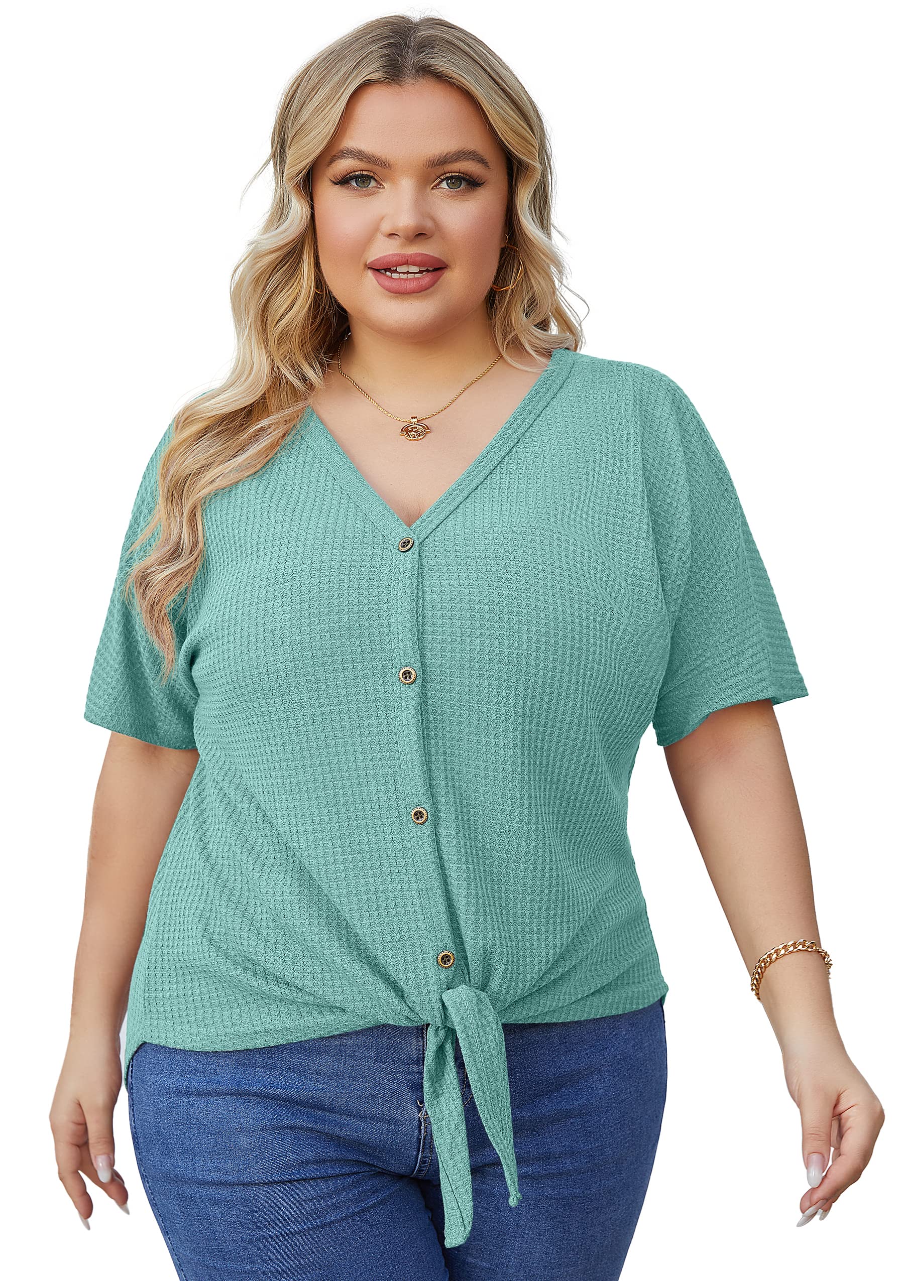 OLRIK Women's Plus Size Short Sleeve V-Neck Waffle Knit Tunic Blouse - Tie Front Button Up T-Shirt for Casual Wear, Office & Date Night