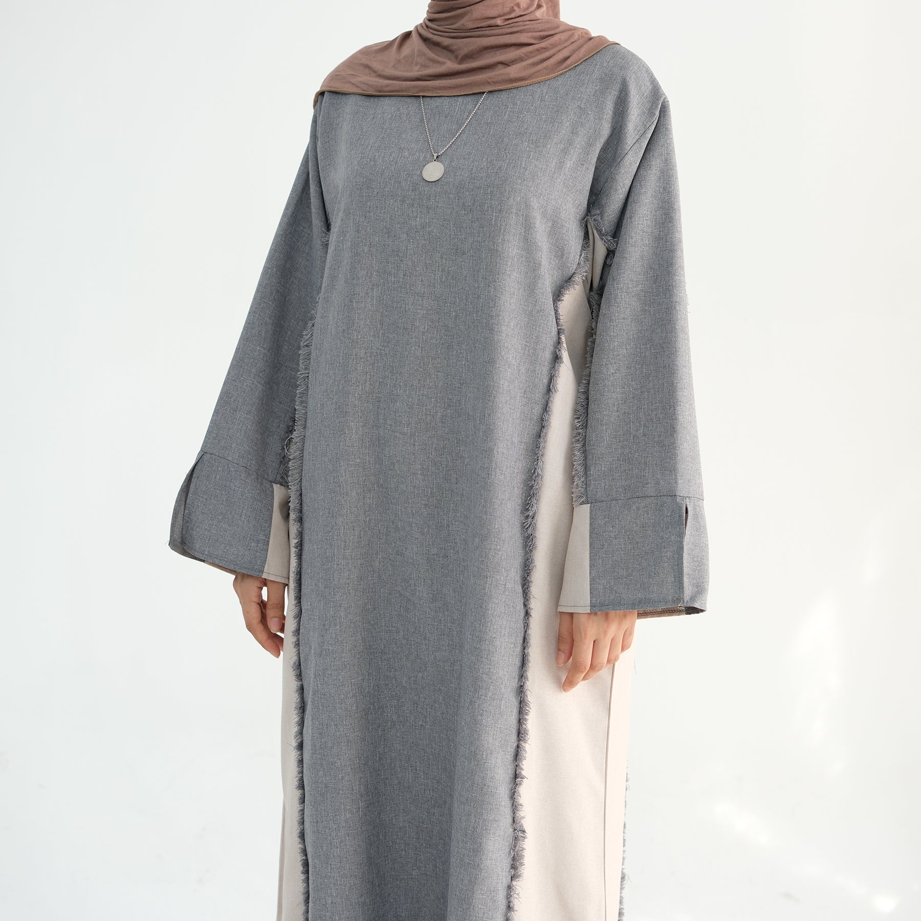Blair Fringe Abaya Dress - Elegant Gray Islamic Modest Dress for Women | Perfect for Prayer, Eid, and Special Occasions