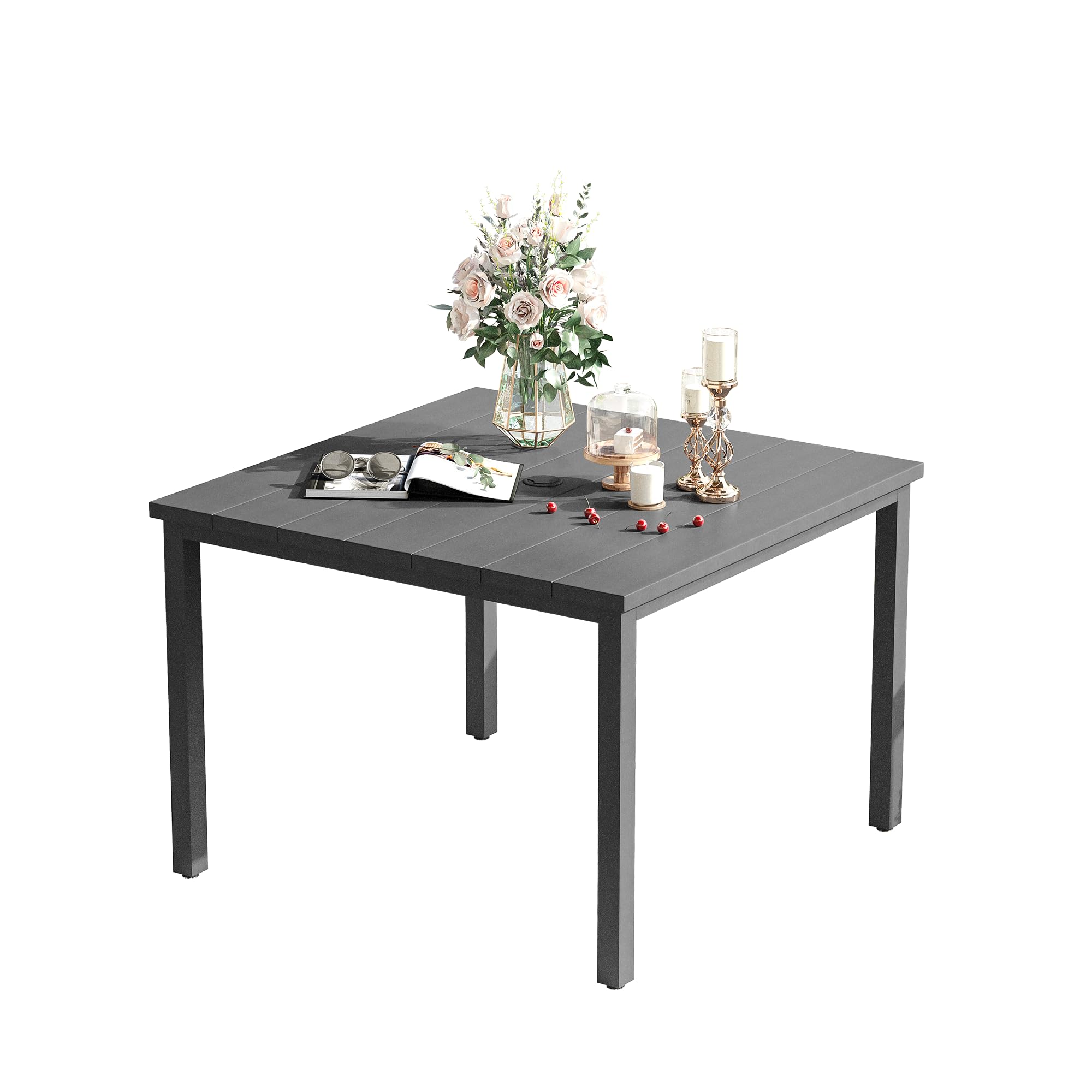 VICLLAX 40.2 Inch Square Outdoor Dining Table for 4 People - All-Weather Metal Patio Table with Umbrella Hole - Grey Garden Table for Lawn, Backyard, Deck & Poolside Dining