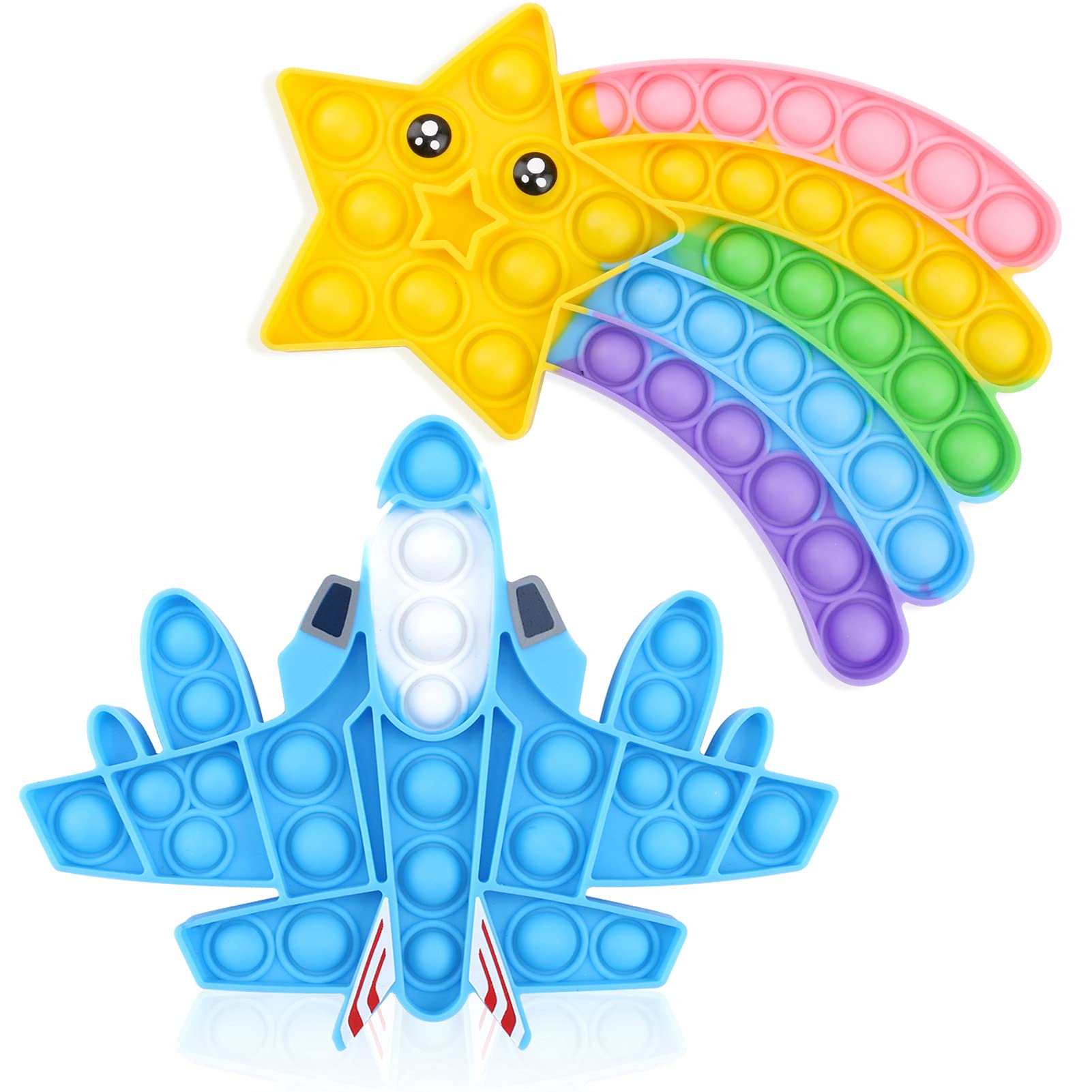 SYAEQ 2-Pack Push Bubble Pop Fidget Sensory Toys for Stress Relief - Silicone Anti-Anxiety Squeeze Toys for Kids, Teens & Adults with Autism & Special Needs (Aircraft & Star Design) - Perfect for Classroom, Office & Travel Stress Relief