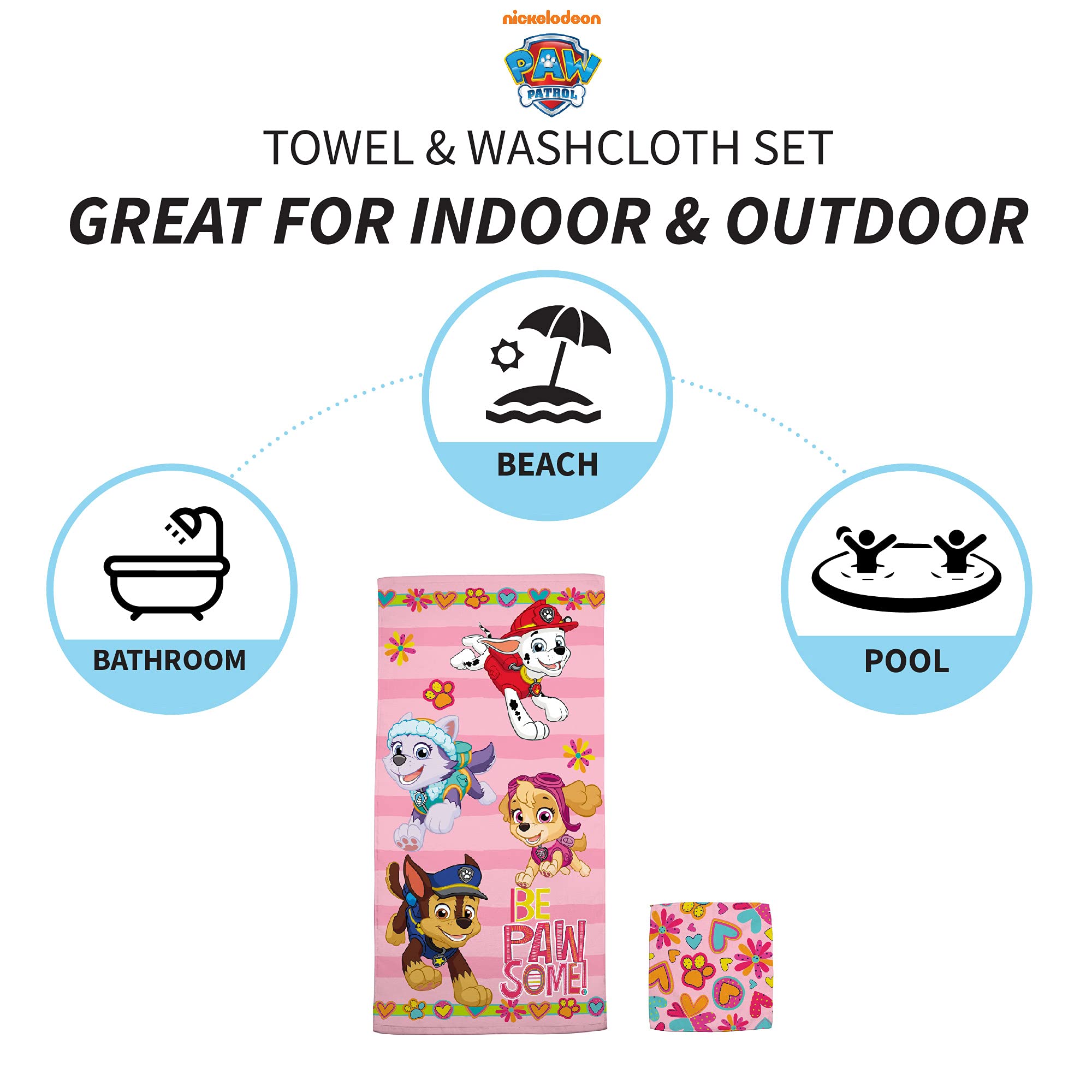 Paw Patrol Girls Kids Bath Towel Set - 2 Piece Soft Absorbent Cotton Terry Towel with Washcloth (50