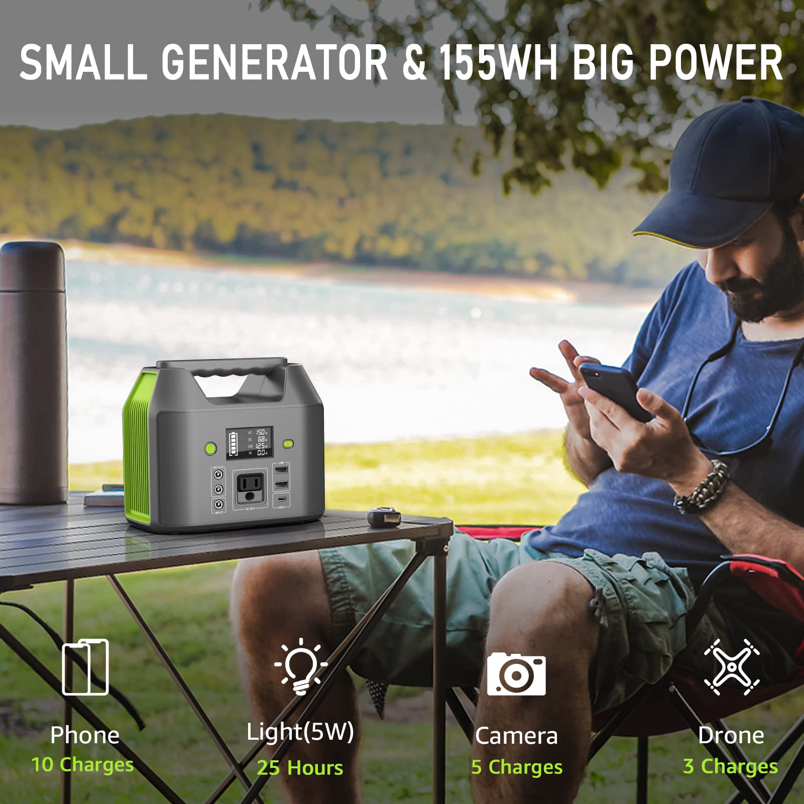 EnginStar 150W Portable Solar Generator with 60W Solar Panel | 42,000mAh Power Bank, 6 Outputs for Camping, RV Trips & Home Emergency Backup Power