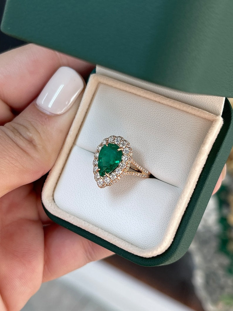 2.52tcw 18K Rose Gold AAA Dark Green Pear Cut Emerald & Double Diamond Halo Engagement Ring for Women - Perfect for Proposals, Anniversaries & Special Occasions