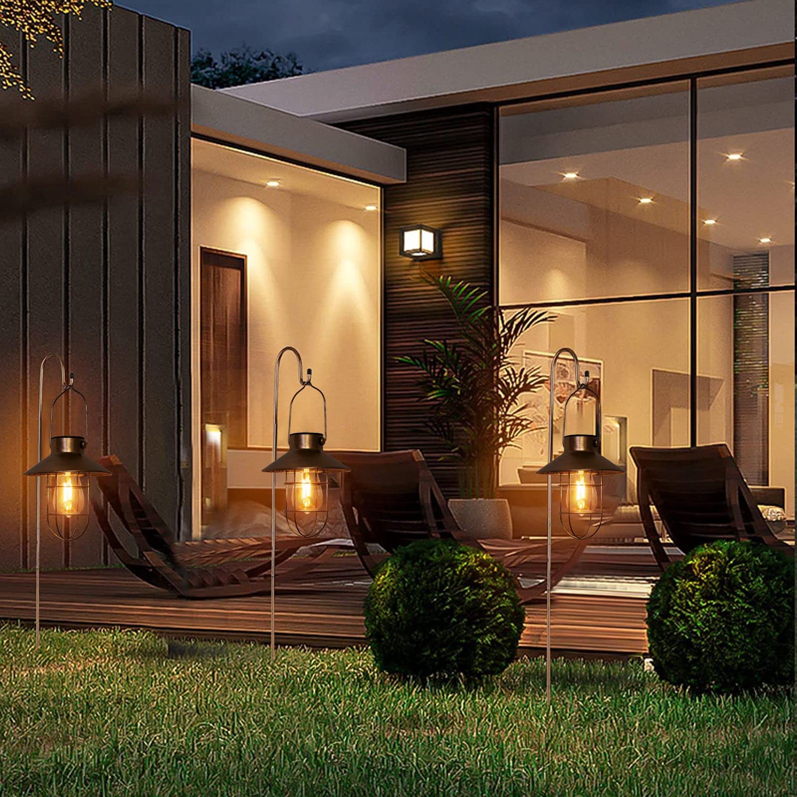 Pearlstar Solar Powered Outdoor Hanging Lights - Waterproof Metal Solar Lanterns for Garden, Patio, Yard, Balcony, Porch & Fence Decor - Warm White Edison Bulb with Wall Mount Kit (Black, 1 Pack) - Perfect for Evening Gatherings, Pathway Lighting & Outdoor Ambiance