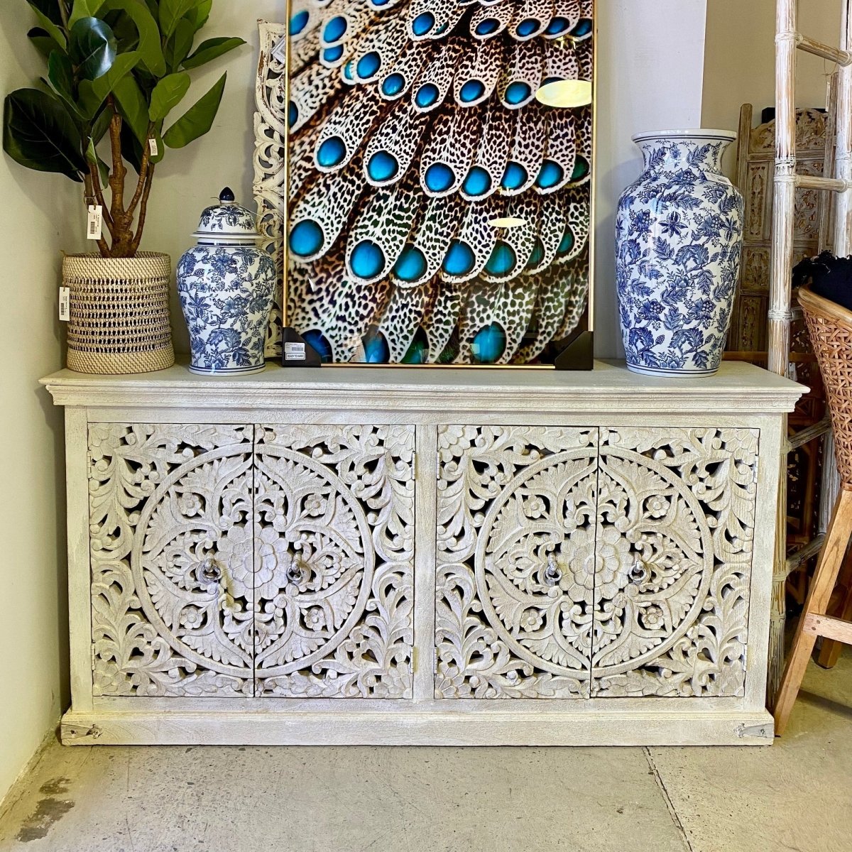 Hand Carved Wooden Chakra Pattern Sideboard with 4 Doors - Boho Chic Storage Cabinet for Living Room, Bedroom & Meditation Space