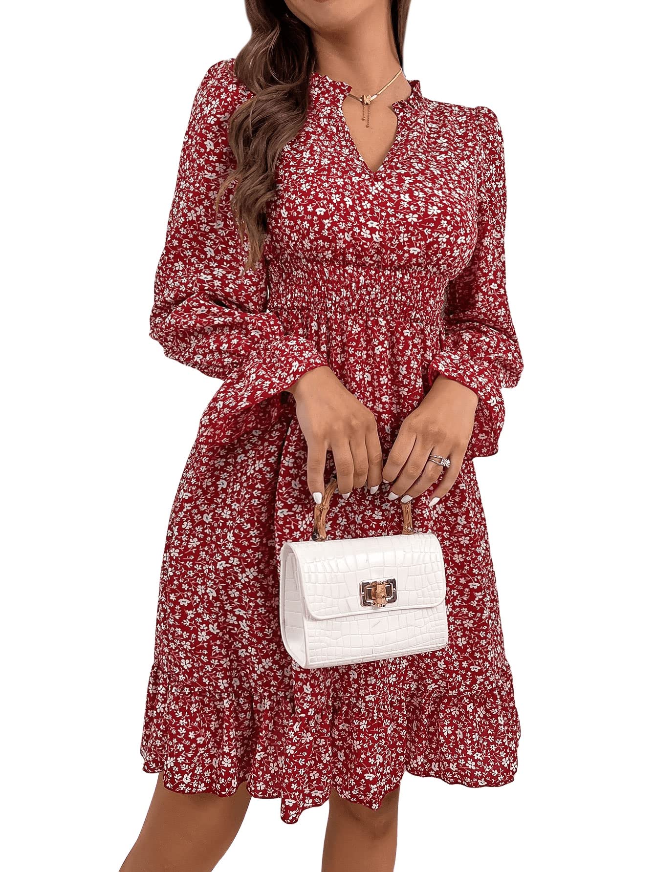 SweatyRocks Women's Floral Print Lantern Sleeve Scoop Neck Ruched Mini Dress with Tie Back - Perfect for Summer Parties, Date Nights & Beach Vacations