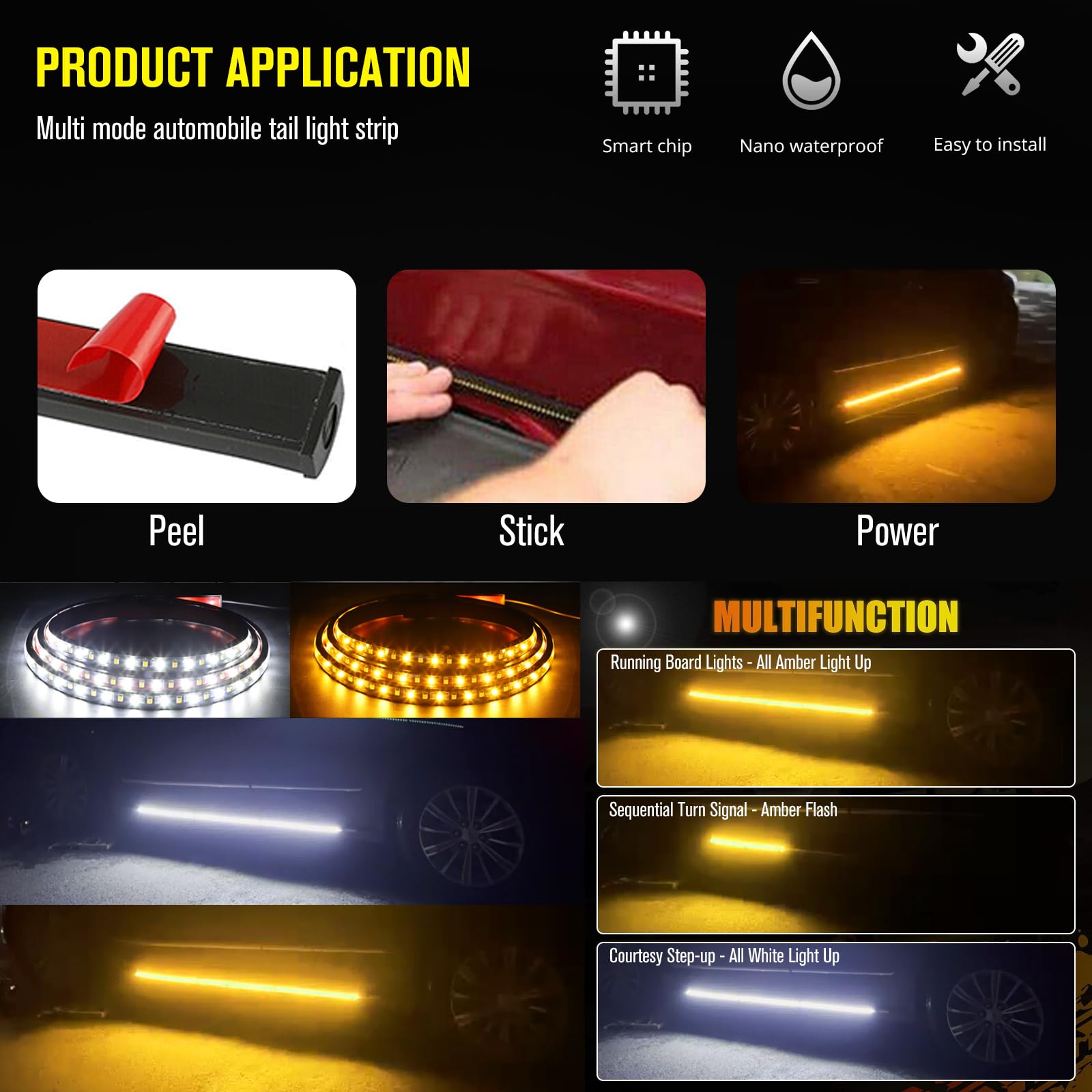 2Pcs 60-Inch LED Running Board Lights for Trucks & SUVs - 3-in-1 White Running Light, Welcome Light & Sequential Amber Turn Signal | DC 12V Underglow Strip for Pickup Trucks, Off-Road & Night Driving