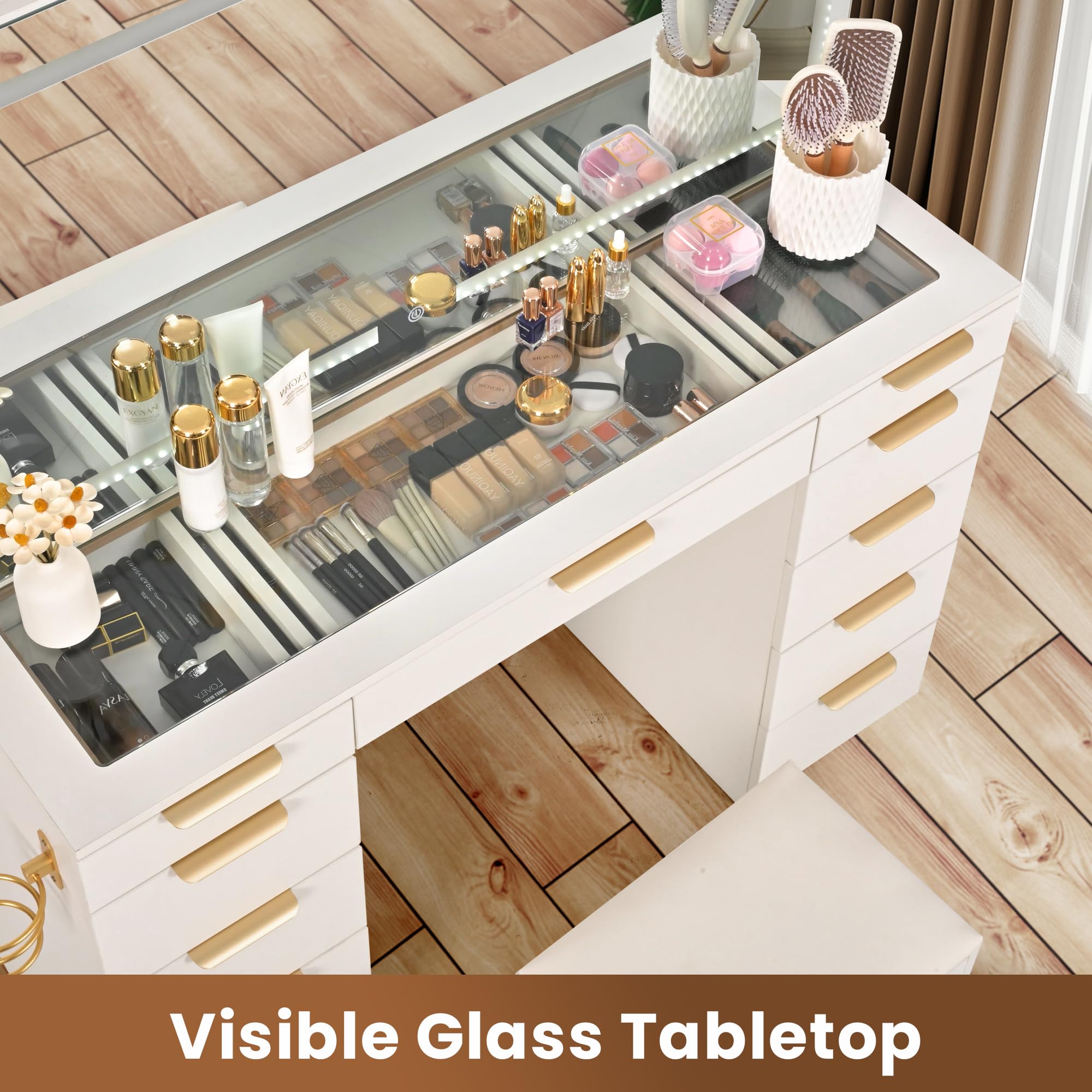 Pamapic 11-Drawer Vanity Desk with Golden Handles - Upgraded Silent Slides, LED Mirror with 3 Lighting Modes, Glass Top Makeup Vanity Set with Chair & Portable Mirror, USB Charging Station - Perfect for Bedroom, Dressing Room & Home Beauty Salon