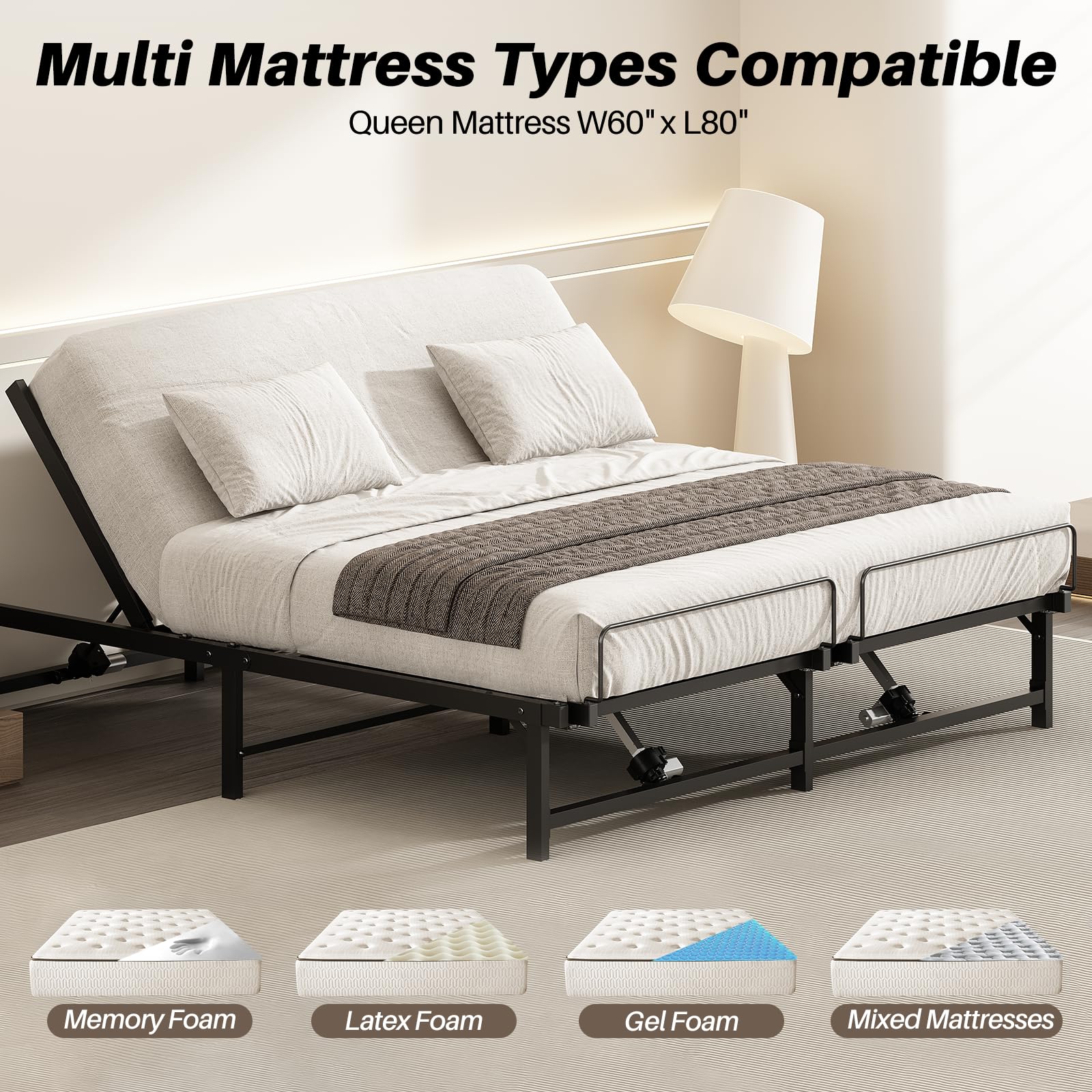 Redlife Queen Adjustable Bed Frame - Electric Bed Base with Remote Control, Independent Head/Foot Incline & Zero Gravity Position | Easy Assembly for Queen Mattress | Perfect for Back Pain Relief, Reading in Bed & Home Theater Setup