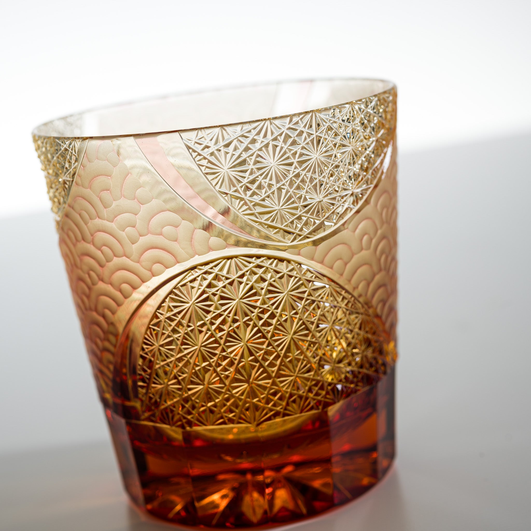 Yamada Crystal Glass Rock Glass - Wave Design Amber Red Whiskey Glass for Bourbon, Scotch & Cocktails - Perfect for Home Bar, Gifts & Parties