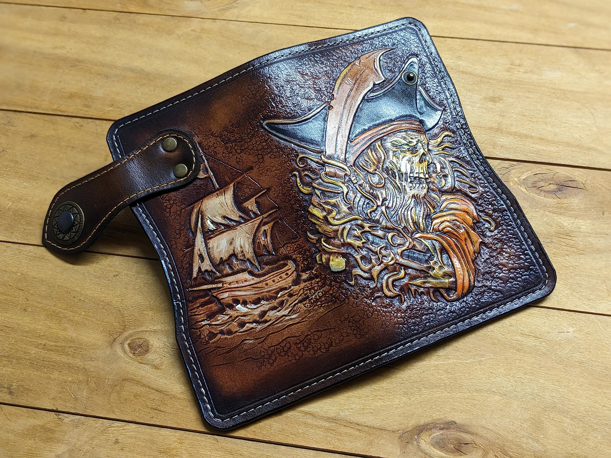 Handmade 3D Genuine Leather Zombie Pirate Ship Wallet for Men - Caribbean Themed Biker Wallet with Airbrush Art, Custom Carved Design, Personalized Long Wallet for Everyday Use & Gift Giving