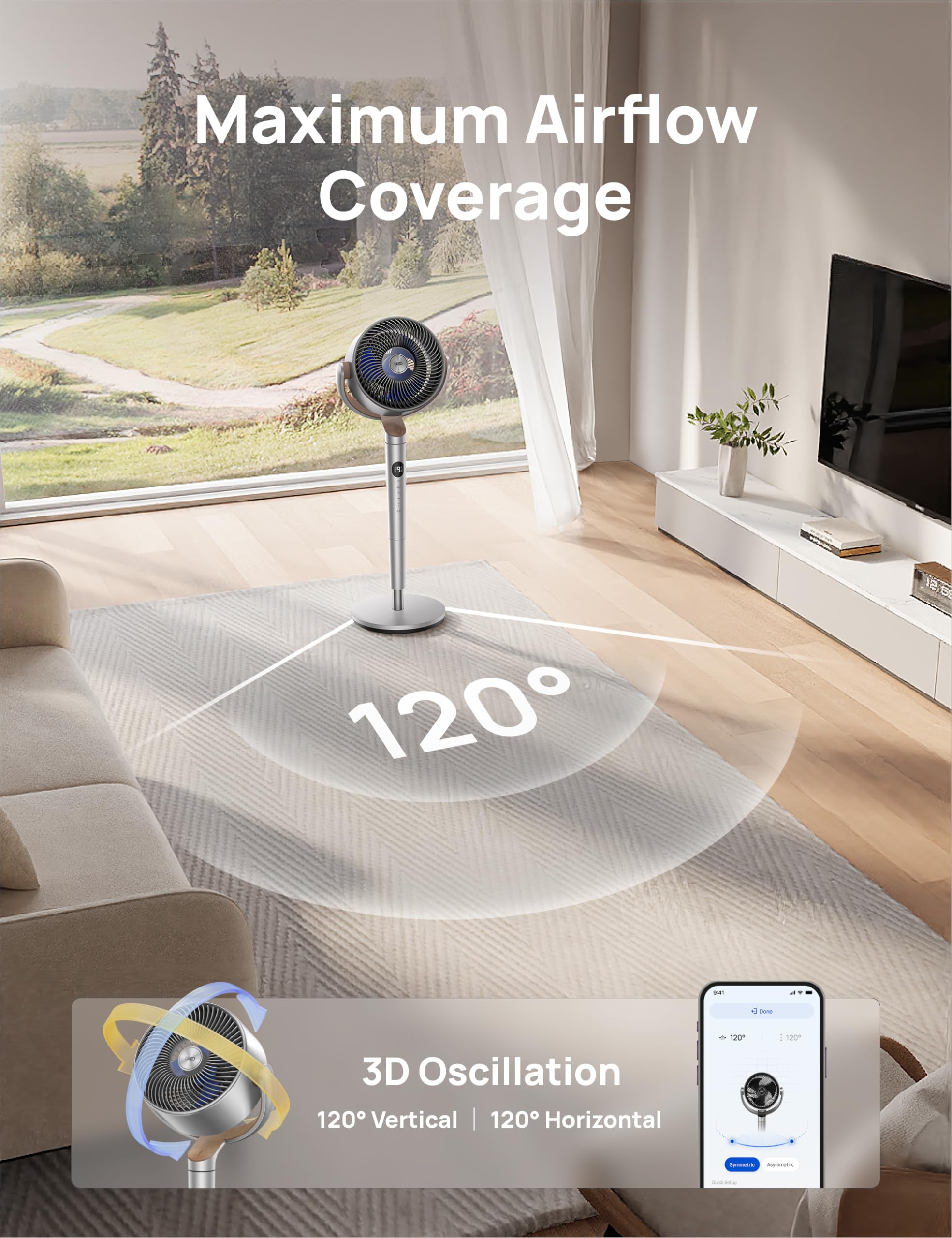 Dreo 40 Inch Smart Standing Fan with Wi-Fi & Voice Control - Ultra Quiet 20dB Pedestal Fan for Bedroom - 120°+120° Wide Oscillation, DC Motor, 9 Speeds & 6 Modes - 12H Timer & 90 ft Air Circulation - Perfect for Home, Office & Nursery Cooling (Silver)