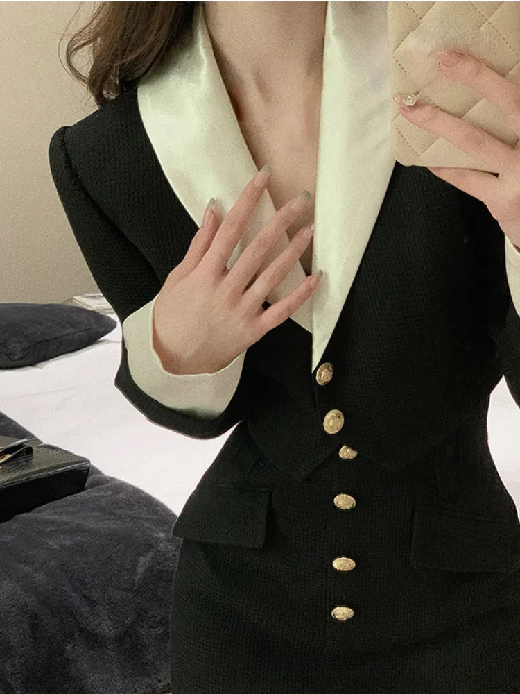 Black Y2K Mini Skirt Set for Women | Korean 2-Piece Dress Outfit with Crop Top Jacket & Short Skirt | Elegant Casual Suit for Autumn | Perfect for Dating, Parties and Streetwear Fashion