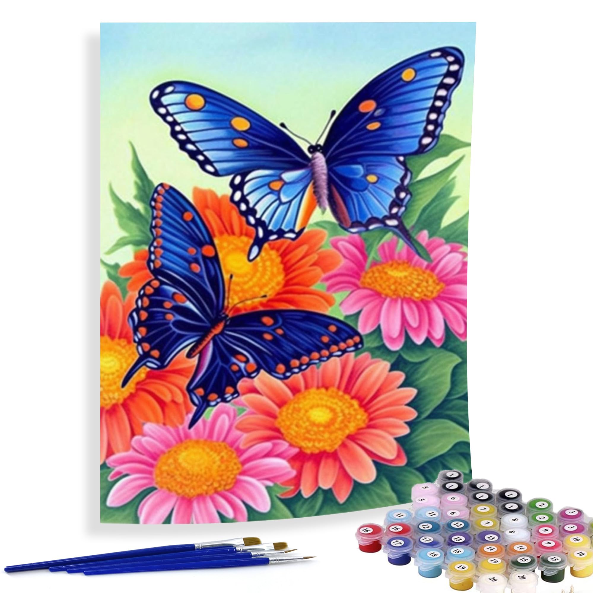 DIY Oil Painting by Numbers Kit for Adults & Kids - Spring Blue Butterfly Acrylic Paint Set for Beginners, Flowers & Animals Theme, 16x20 Inch Canvas for Home Wall Decor | Perfect for Relaxation, Stress Relief & Creative Gift Ideas
