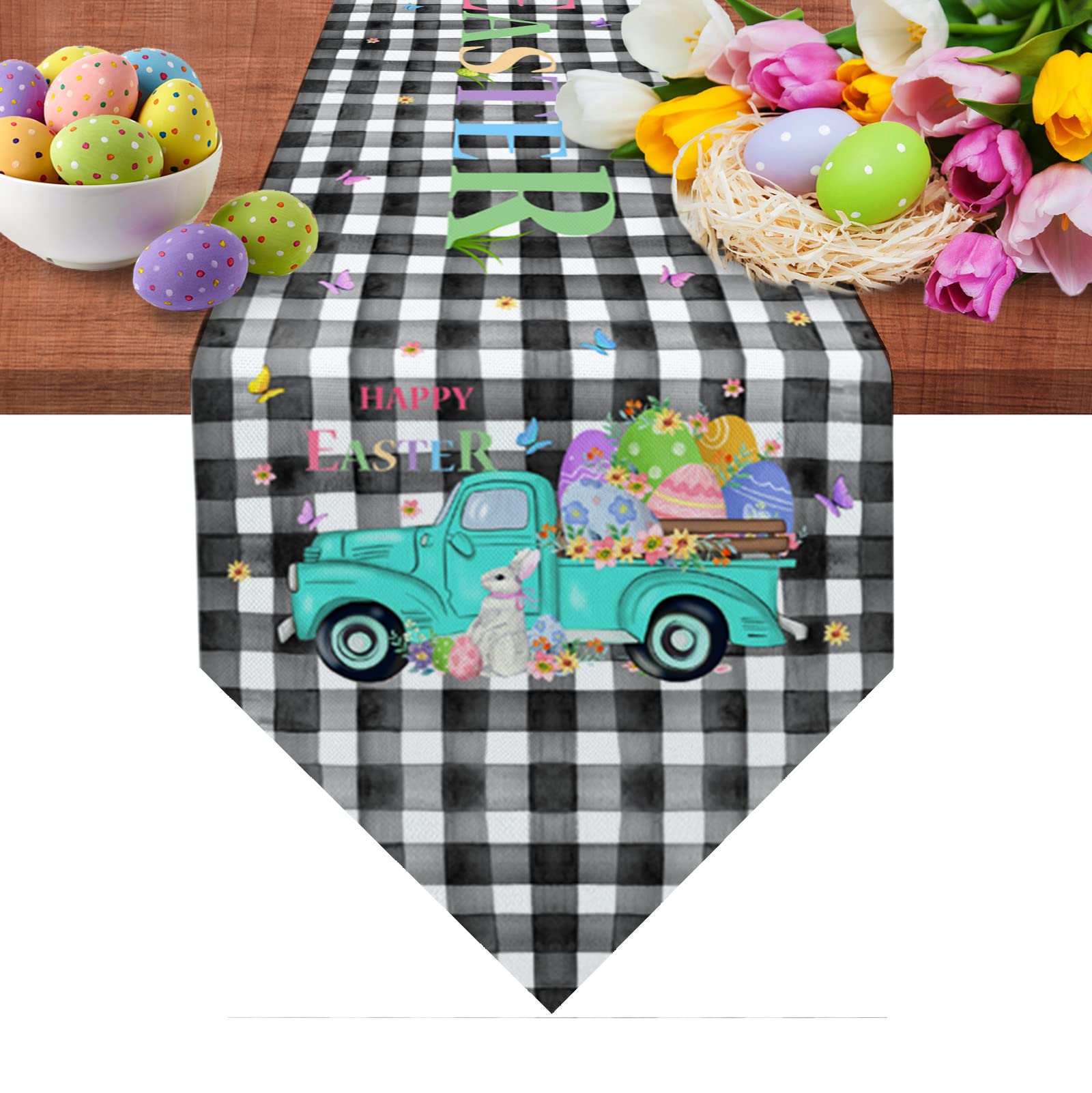 Easter Table Runner - Bunny Truck Eggs Black Buffalo Plaid Check Decorative Runner for Spring Dinner Table Decor (14x72 Inch) | Perfect for Easter Party, Home Kitchen & Dining Room Decorations