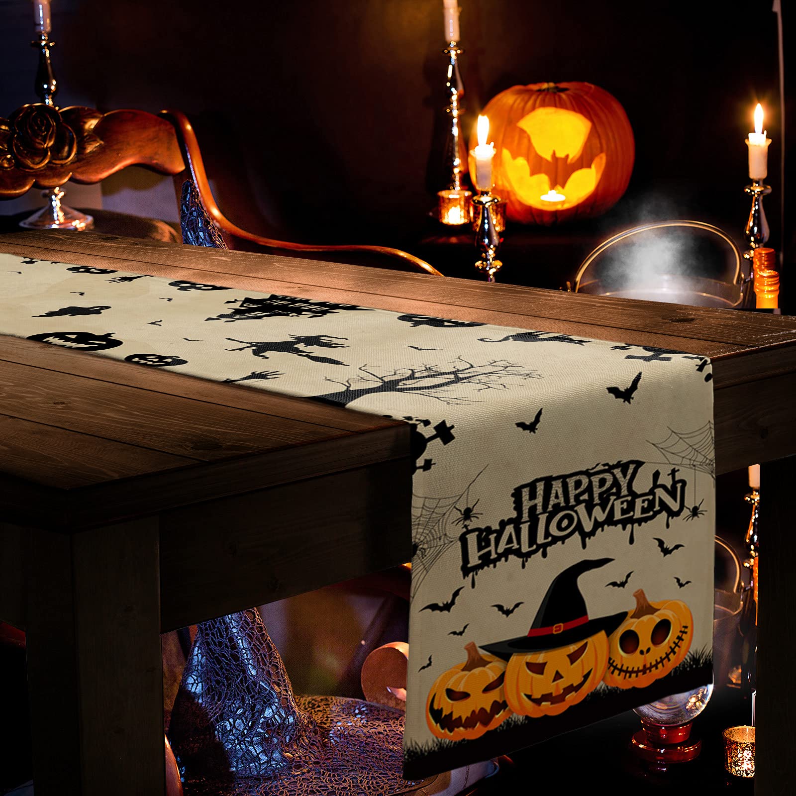 Halloween Burlap Table Runner 108 Inches - Scary Evil Pumpkins & Witches Hat Design for Spooky Decor, Kitchen, Dining & Coffee Tables - Perfect for Halloween Parties, Movie Nights & Holiday Home Decor