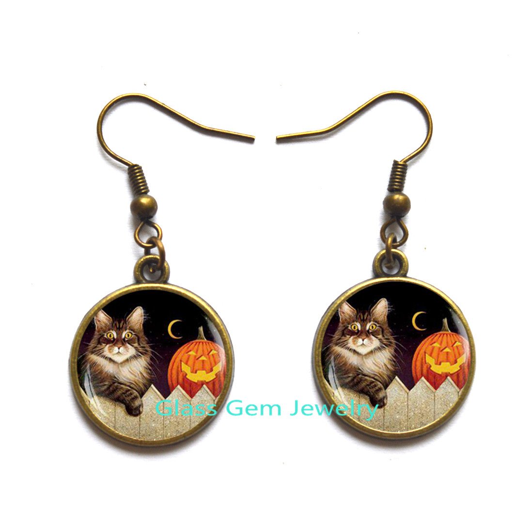 Halloween Cat & Pumpkin Stud Earrings - Cute Trick or Treat Jewelry for Women - Perfect Halloween Party Accessories & Spooky Gift Idea