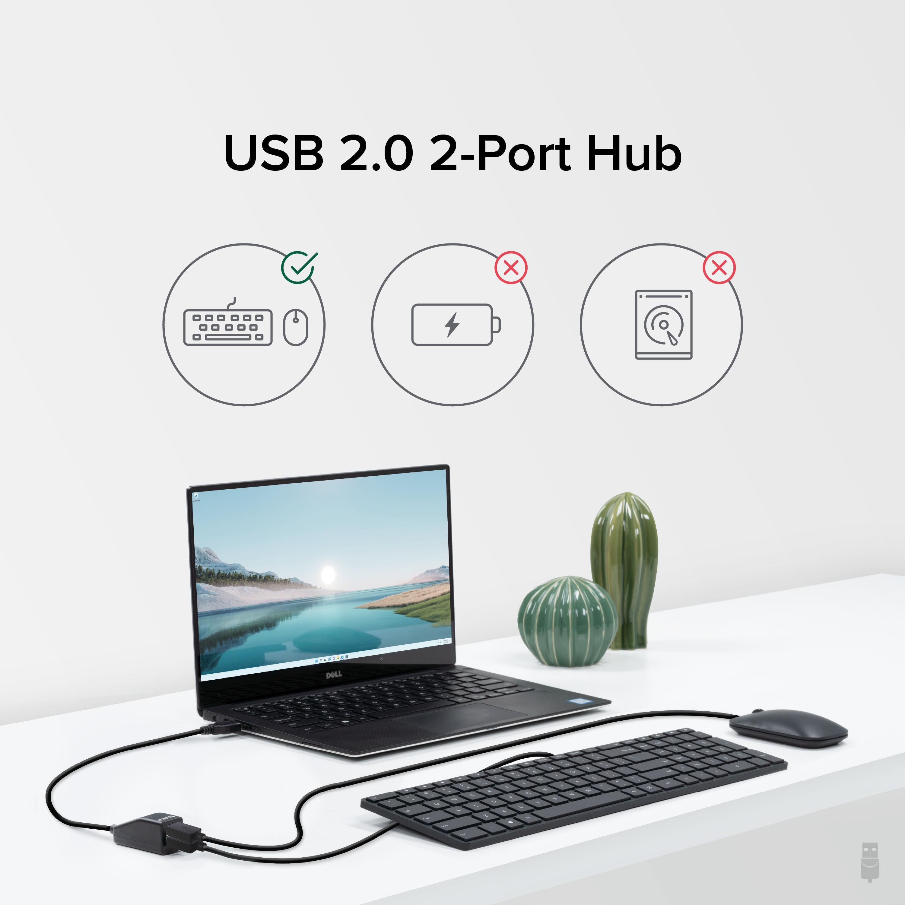 Plugable USB 2.0 2-Port Hub with High-Speed Data Transfer for Laptop, PC, Mac - Perfect for Home Office & Gaming Setup