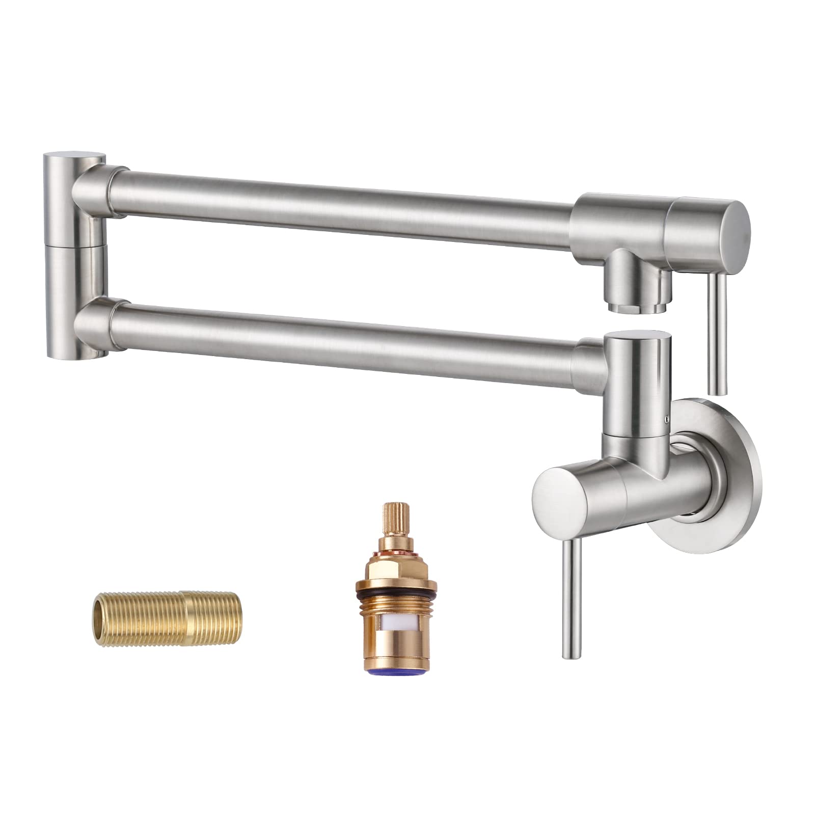 ALEASHA Brushed Nickel Wall Mount Pot Filler Faucet - Retractable Single Hole Kitchen Faucet with Dual Handles for Stove & Cooking Area | Ideal for Pasta Making, Soup Cooking, Large Pot Filling & Professional Kitchen Use