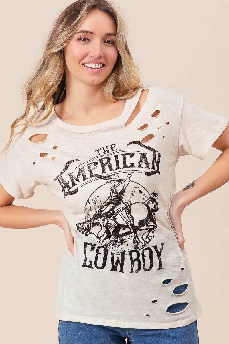 BiBi Cotton Slub Laser Top - Vintage American Cowboy Graphic Tee for Men & Women | Casual Streetwear, Western Style Fashion, Music Festival Outfit