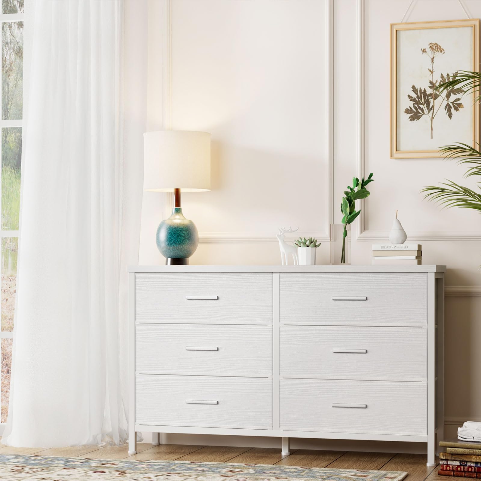 Modern 6-Drawer White Dresser for Bedroom - Wide TV Stand for 60