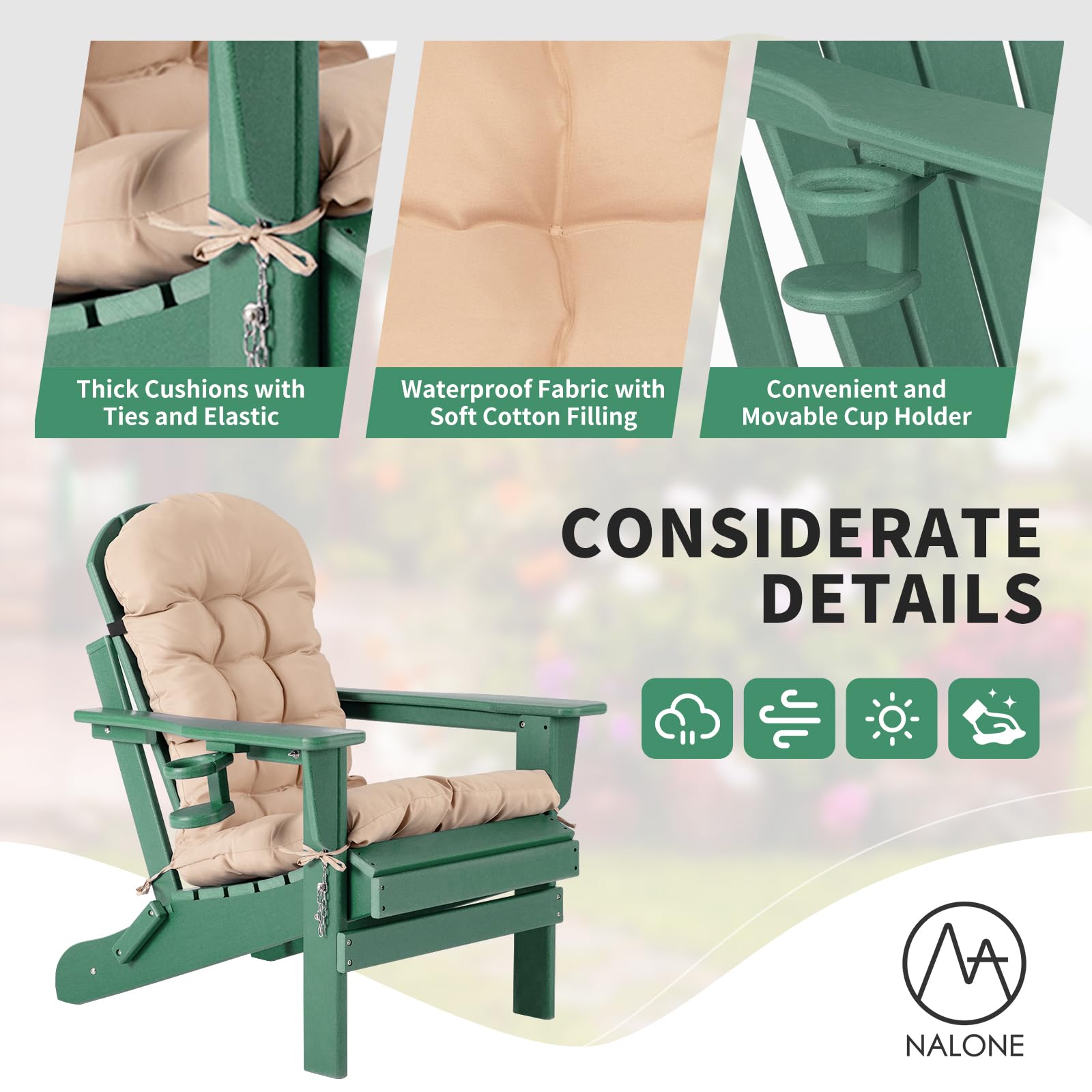 Premium Folding Adirondack Chair with Cushion & Cup Holder - Heavy Duty HDPE Plastic Oversized Patio Chair - Weather Resistant Outdoor Furniture for Garden, Deck, Fire Pit, Camping & Backyard Relaxation (Green)