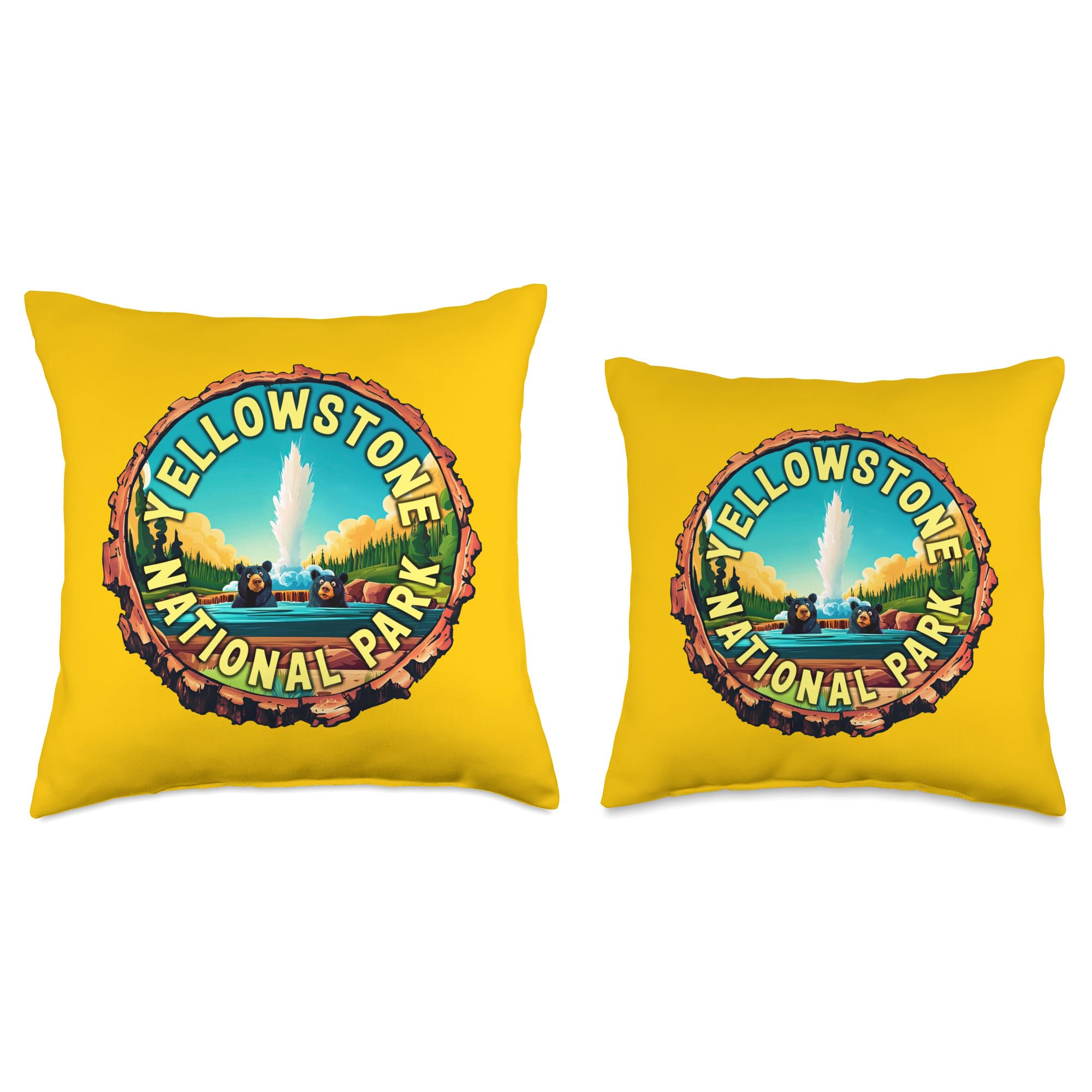 Yellowstone National Park Bears with Geyser Throw Pillow - Soft Decorative Couch Pillow for Living Room, Bedroom, and Office Decor