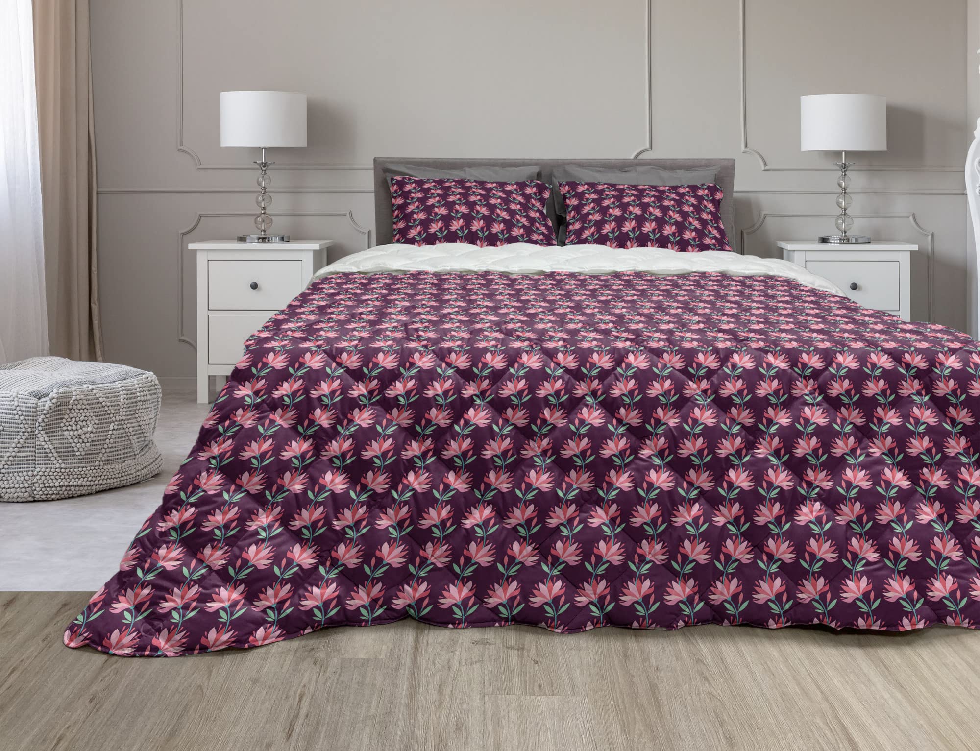 Ambesonne Floral Comforter Set - 3 Piece Queen Size Duvet Cover with Sham, Soft Microfiber Filling, Purple Pink & Sea Green Blossom Branch Design - Perfect for Spring & Summer Bedroom Decor, Girls Room & Guest Room Styling