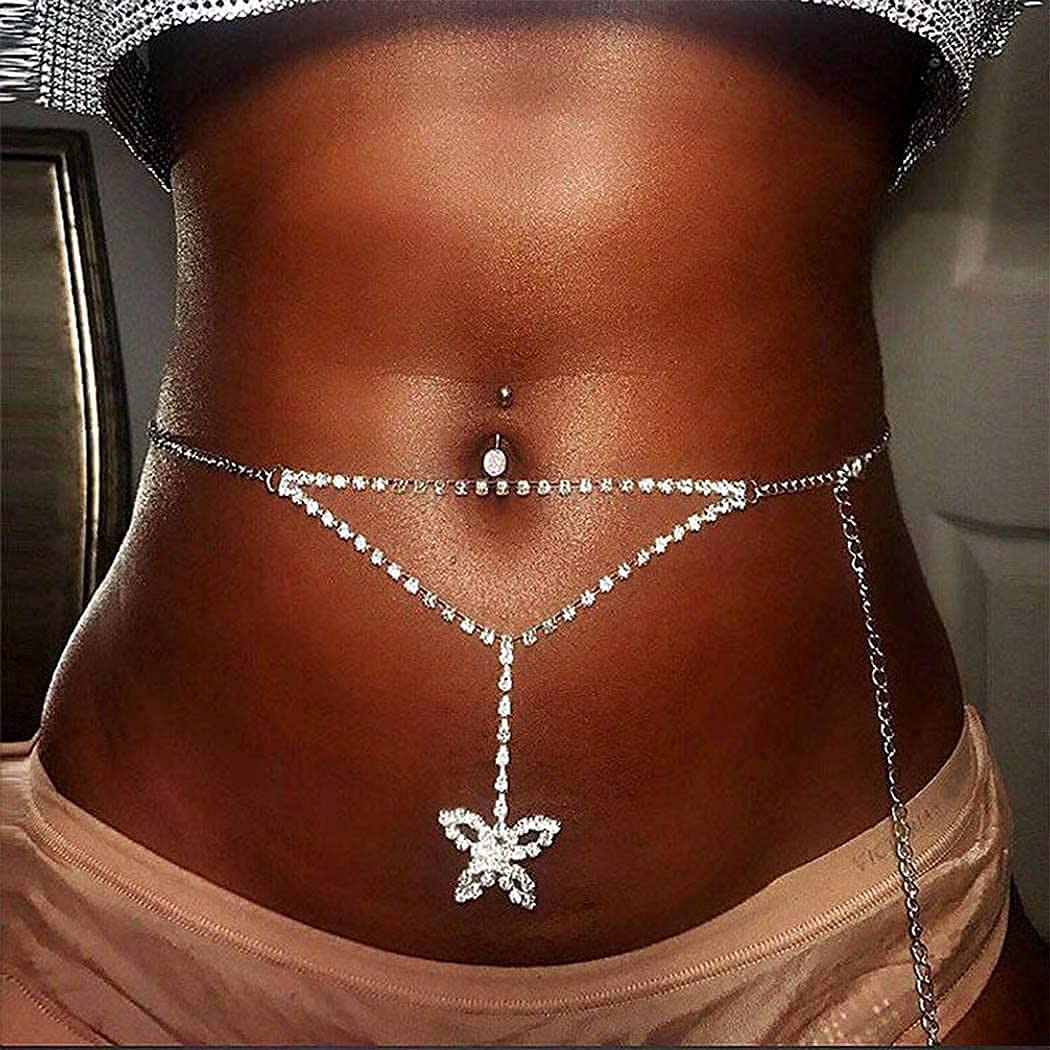 **Elegant Silver Rhinestone Butterfly Belly Chain for Women - Crystal Waist Chain Body Jewelry - Perfect for Rave, Club, Beach & Festival Outfits**