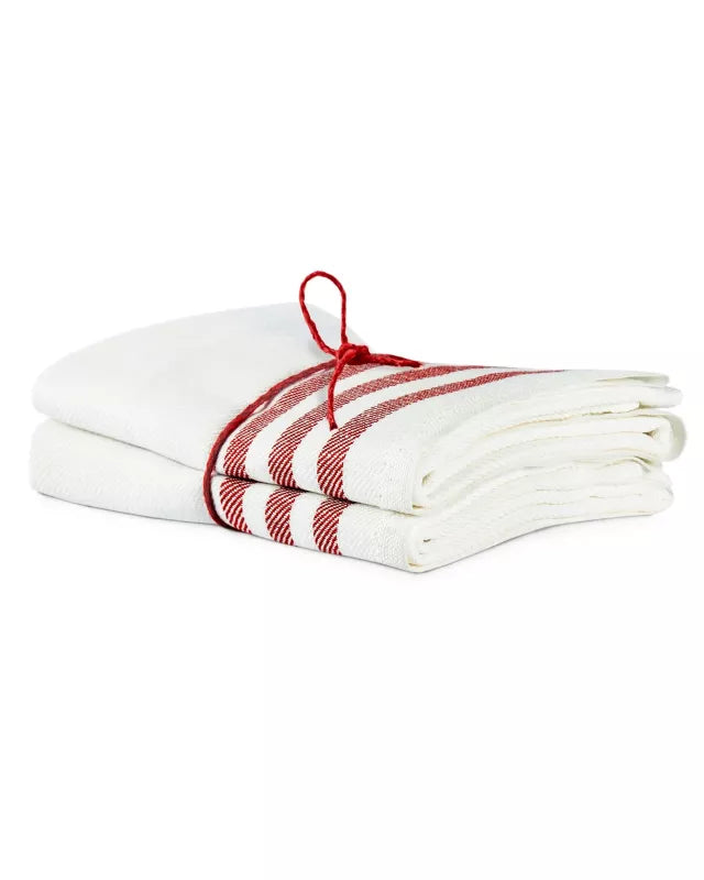 Premium 2-Pack Linen Kitchen Towels 50x70 cm - White/Red Striped Border for Cooking, Baking & Dish Drying - Eco-Friendly & Absorbent