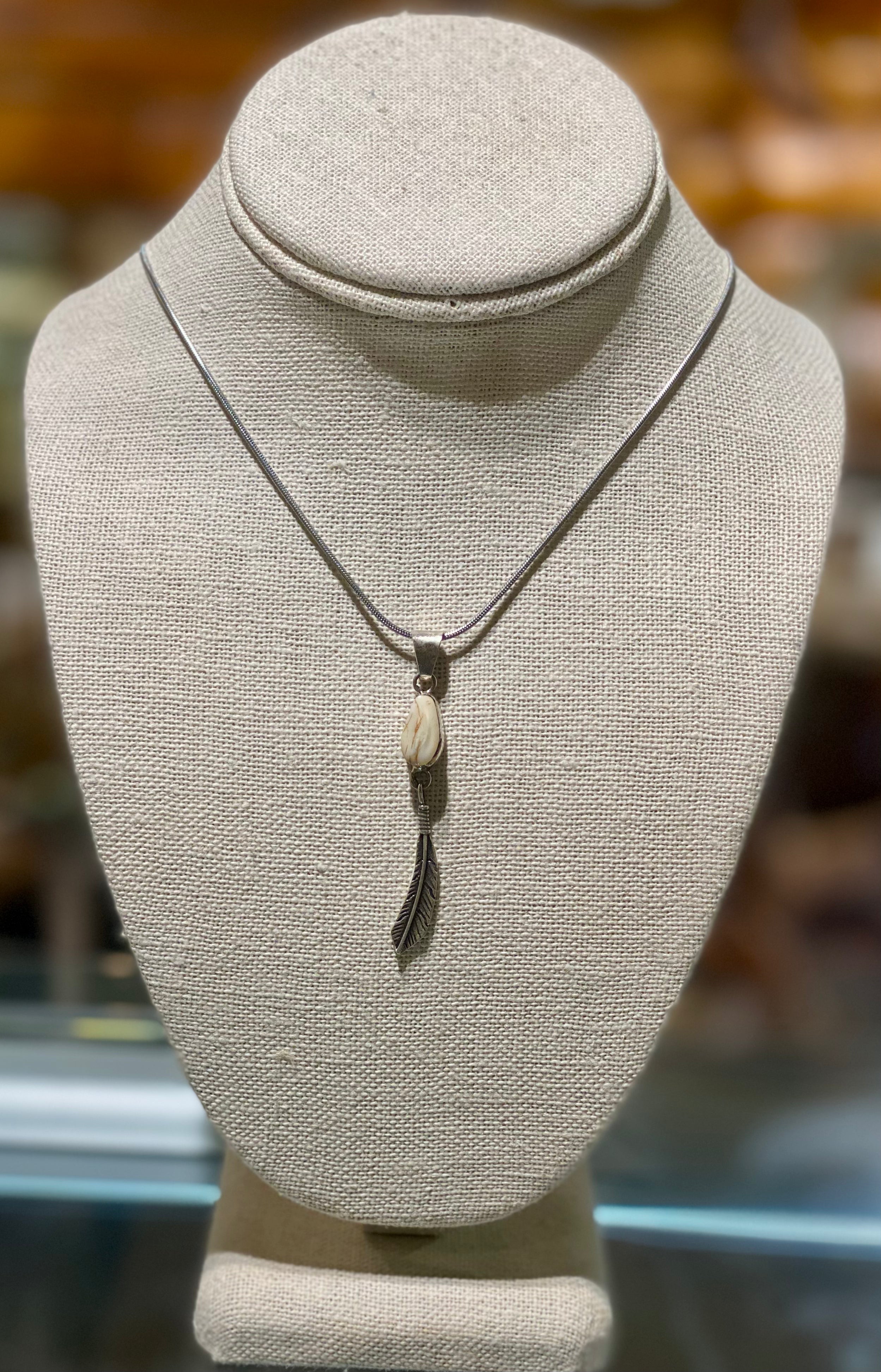 Elk Ivory Silver Feather Pendant Necklace - Handmade Native American Jewelry for Women - Perfect for Boho, Festival & Spiritual Wear