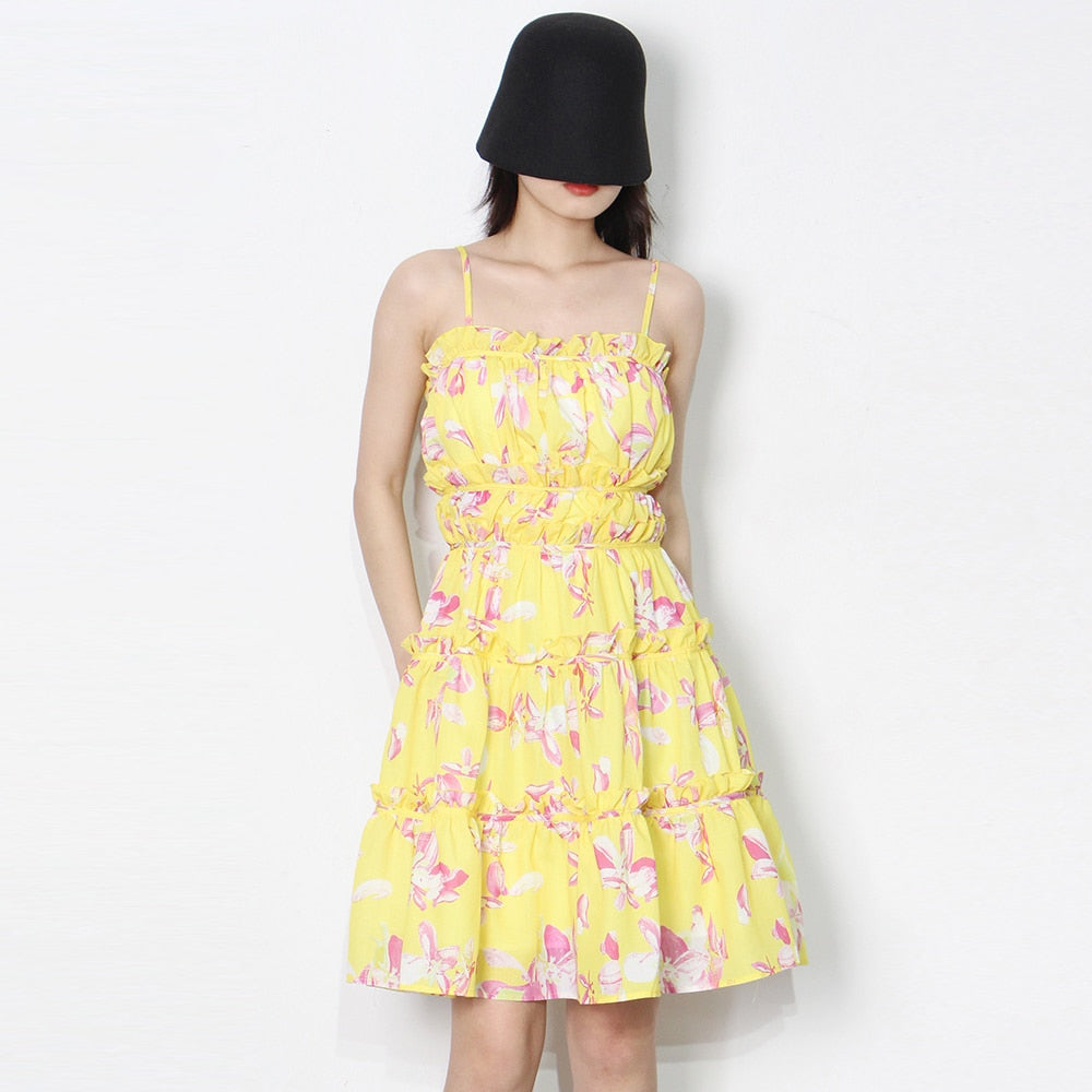 Backless Floral Print Mini Dress for Women - Square Neck Sleeveless High Waist Summer Dress with Pleats | Perfect for Beach Vacation, Date Night & Party Wear