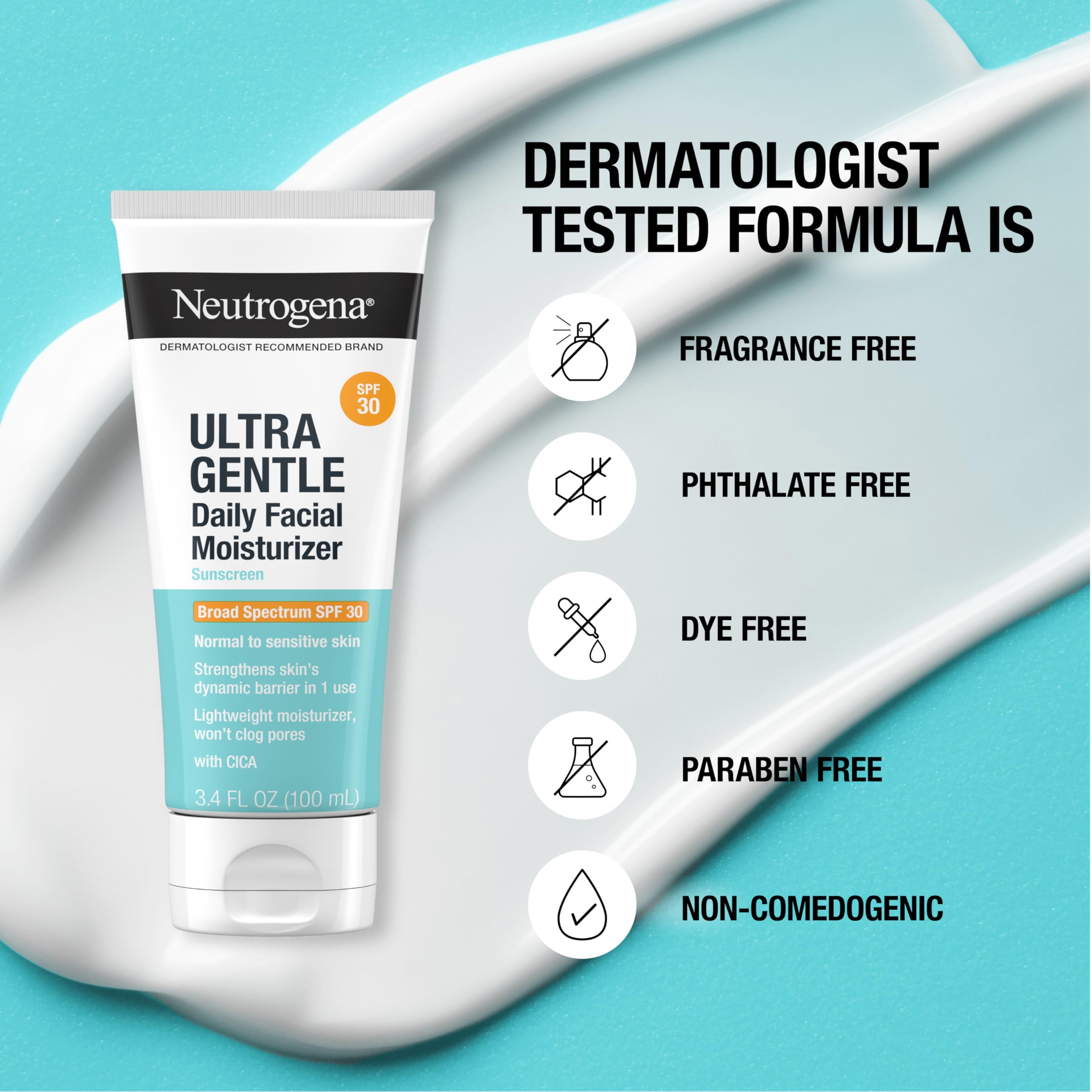 Neutrogena Ultra Gentle Daily Facial Moisturizer with SPF 30 & CICA - Lightweight, Fragrance-Free Face Lotion for Normal to Sensitive Skin | Broad Spectrum Sun Protection | 3.4 fl oz | Perfect for Daily Skincare & Sun Defense Routine