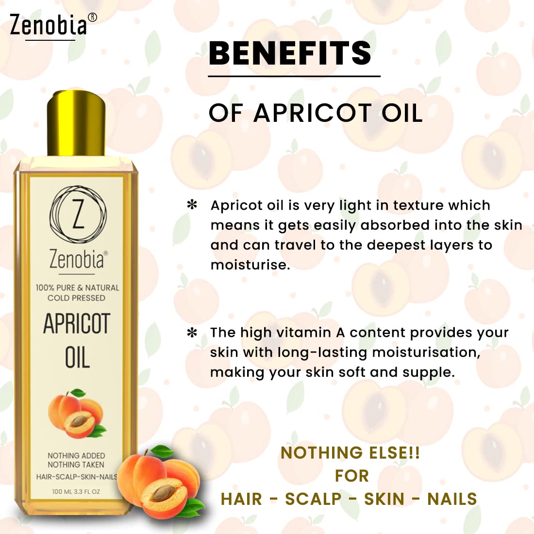 Zenobia Premium 100% Pure Cold Pressed Apricot Oil - Organic Hair Growth Treatment for Damaged Hair, Natural Skin & Body Moisturizer, Nail Care & Scalp Treatment, Non-GMO, 3.4 fl oz (100ml) - Perfect for Daily Hair Care, Skin Hydration & Nail Strengthening Routine