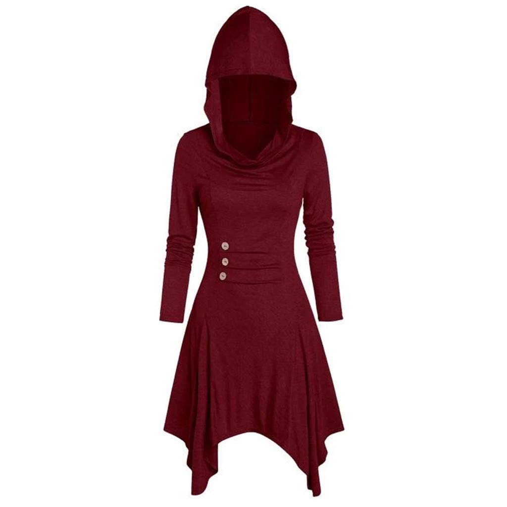 Steampunk Women's Victorian Gothic Halloween Costume Dress - Hooded Long Sleeve Lace-Up Knee Length Button Detail Ruched Masquerade Outfit for Cosplay, Renaissance Fairs & Themed Parties