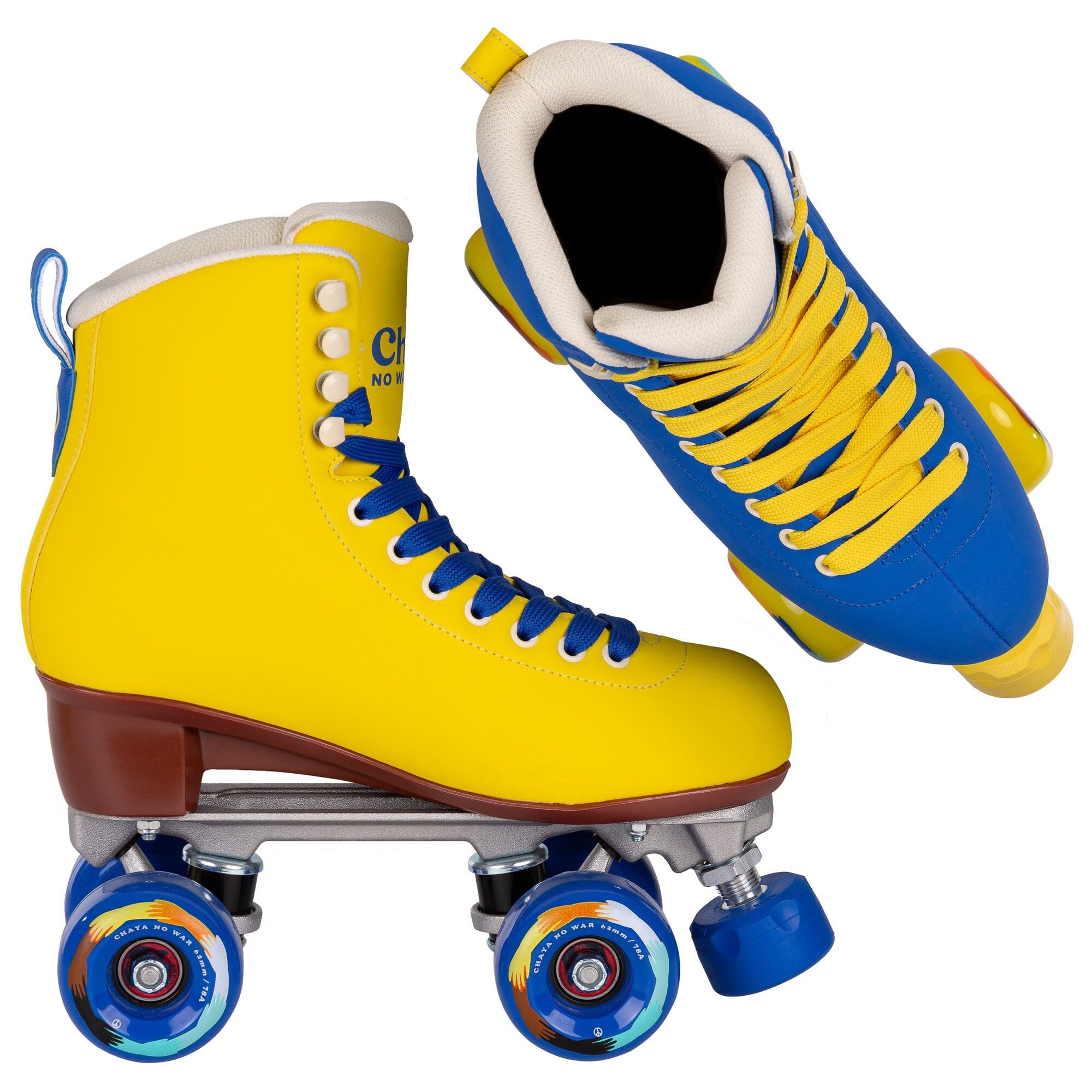 Chaya Deluxe NO WAR Roller Skates - Blue & Yellow Quad Skates for Women & Men - Perfect for Outdoor Skating, Rink, Roller Derby & Fitness