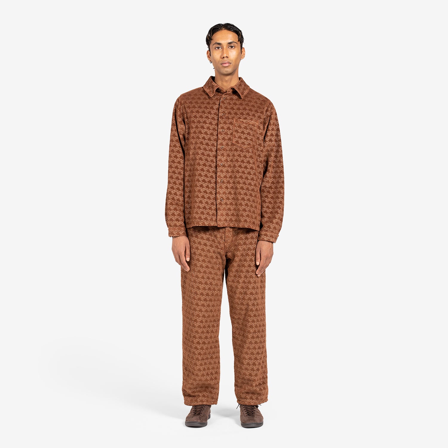 Stylish Corduroy Embossed Button-Down Shirt for Men - Brown Woven Fabric - Perfect for Casual Outings & Office Wear
