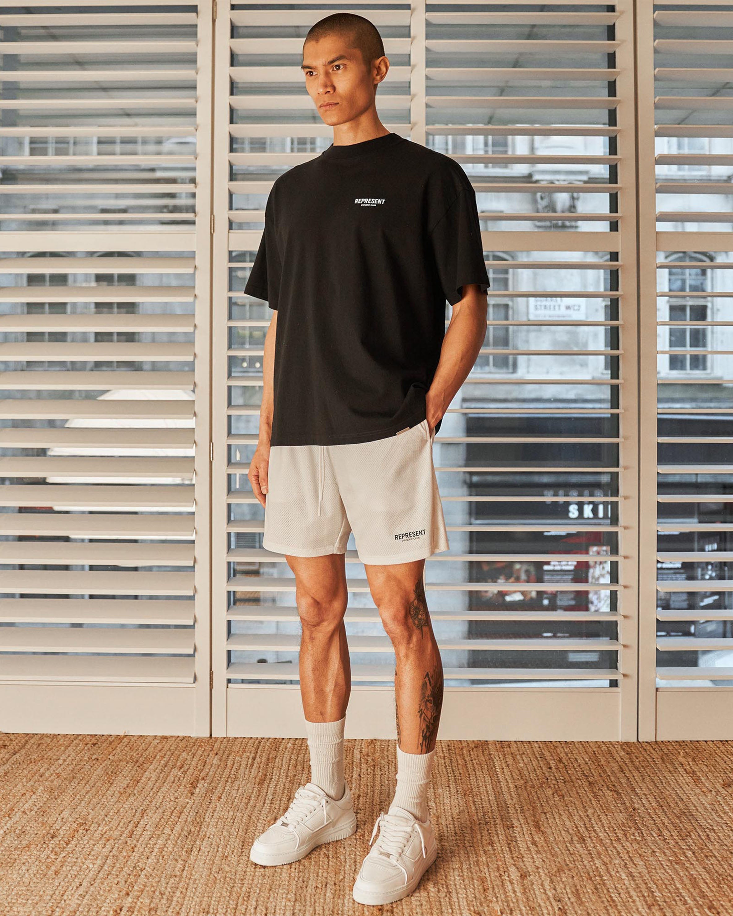 Represent Owners Club Mesh Shorts - Flat White | Breathable Athletic Shorts for Men, Gym Workout & Casual Wear