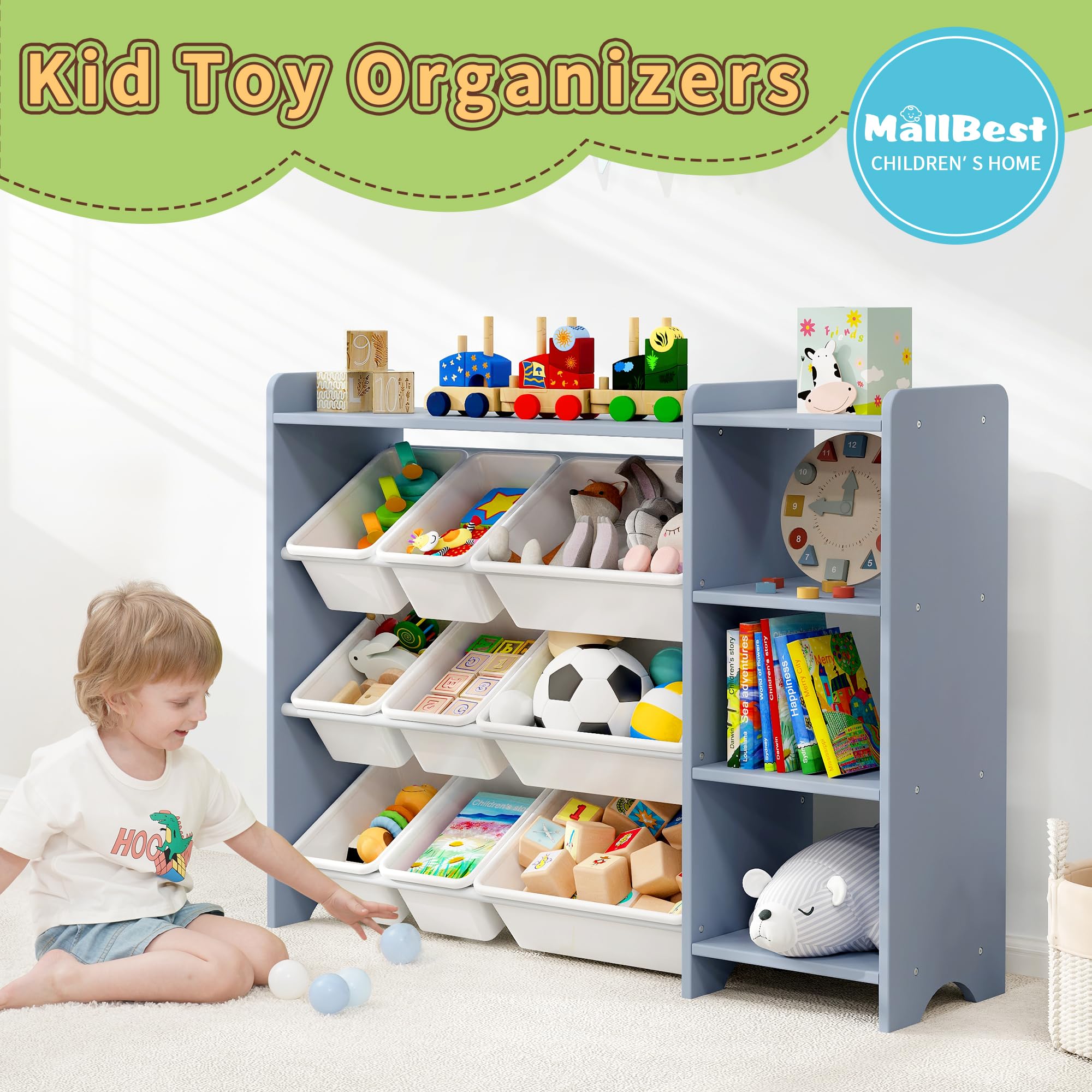 MallBest 4-Tier Kids Toy Storage Organizer Shelf - 100% Solid Wood Children's Storage Cabinet with 9 Plastic Bins & 3 Storage Ports, Grey - Perfect for Nursery, Playroom & Classroom Organization