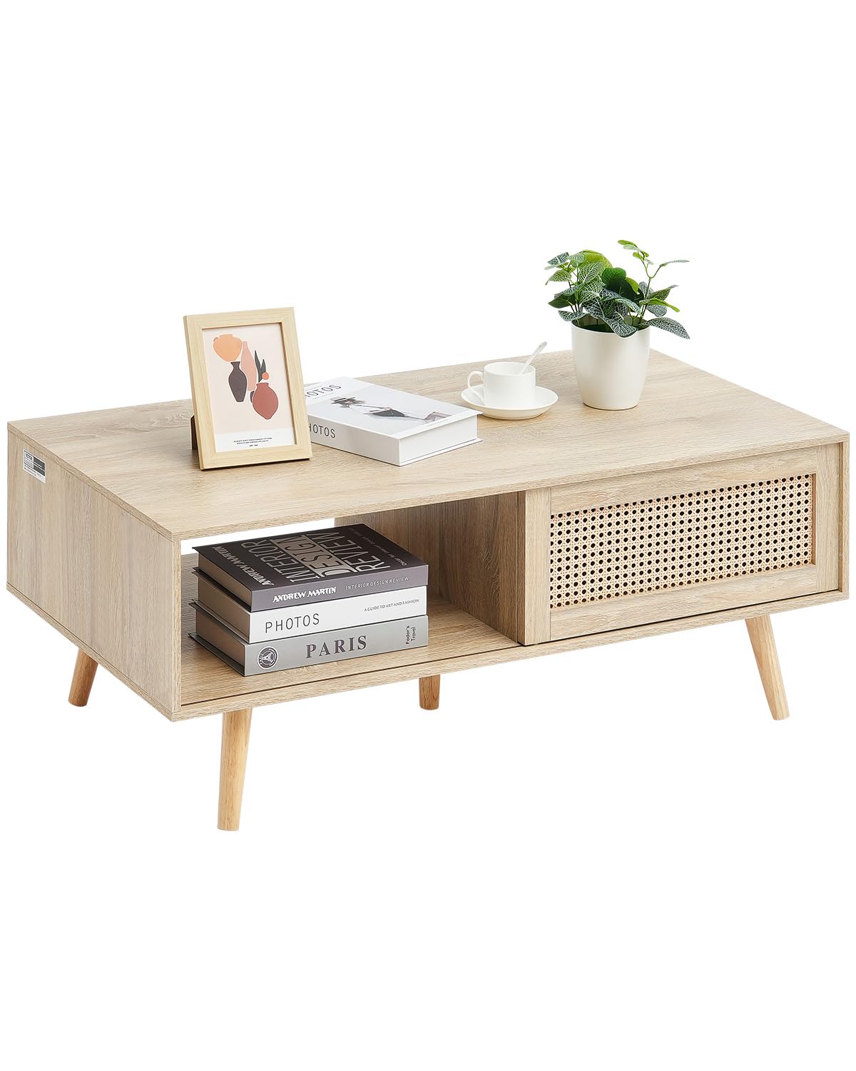 VEVOR 42 Inch Rattan Coffee Table - Mid Century Modern Rectangle Wood Table with Two-Tier Storage, Boho Style for Living Room, Bedroom & Small Spaces | Perfect for Home Decor, Lounge Areas & Compact Apartments