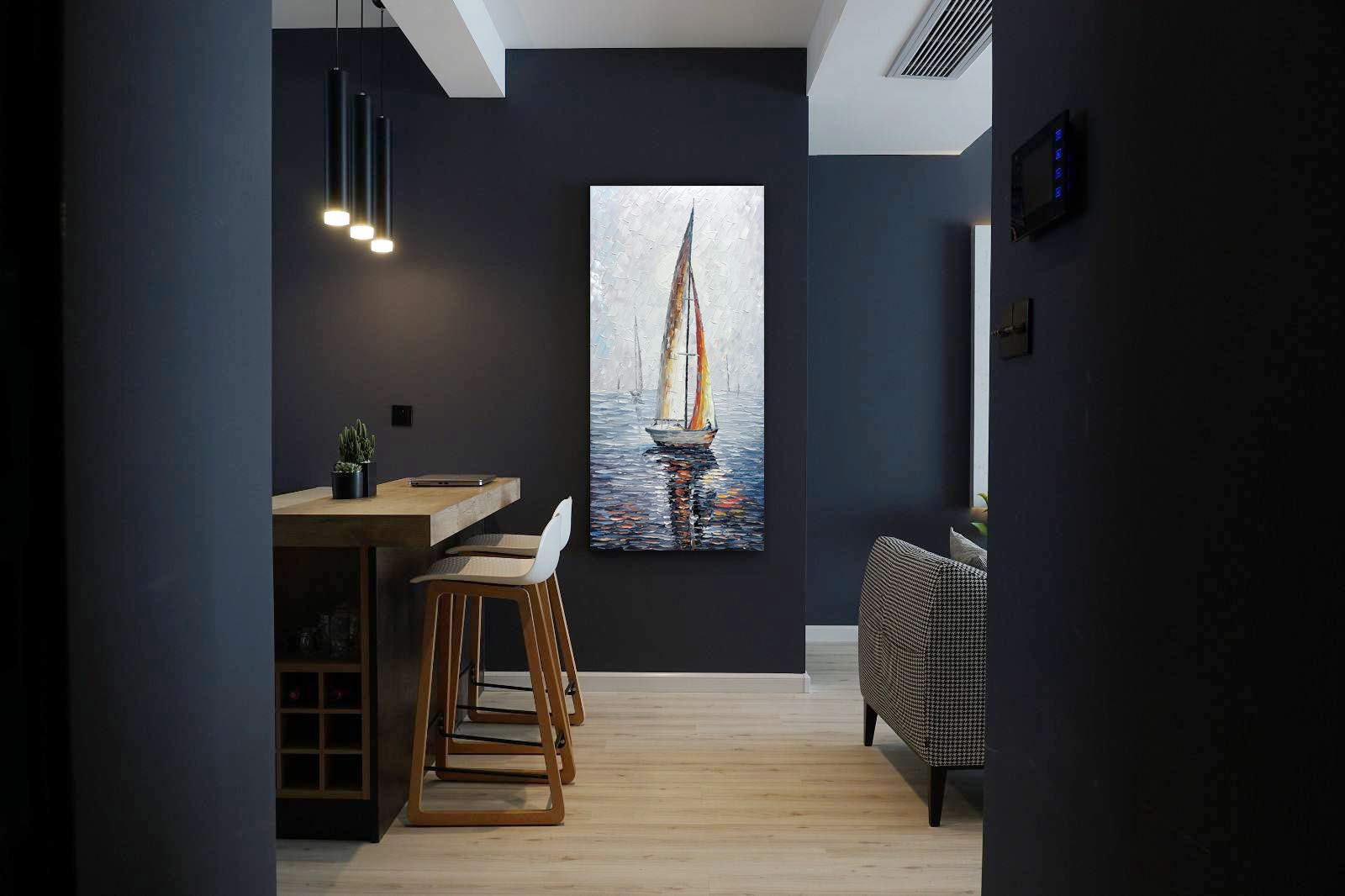 24x48 Inch Modern Abstract Hand Painted Oil Painting - Sailing Boat on Sea Acrylic Canvas Wall Art for Living Room & Bedroom | Home Decor | Perfect for Coastal & Nautical Theme Interiors